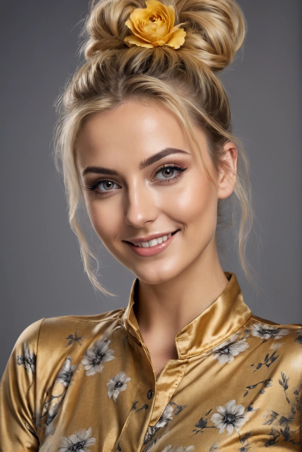 hyperrealistic beautiful 30-year-old women in shiny golden flowered jumpsuit, model shooting mugshot photography, dyed blonde messy bun, dark eye makeup with eyeliner, seductive smile, massive , 8K, best quality, Meisterwerk, ultra high resolution, (Realismus: 1.4), Originalfoto, (realistische Hautstruktur: 1.3), (Filmkorn: 1.3), (Selfie-Winkel), 1 girl, Beautiful eyes and facial details, Meisterwerk, best quality
