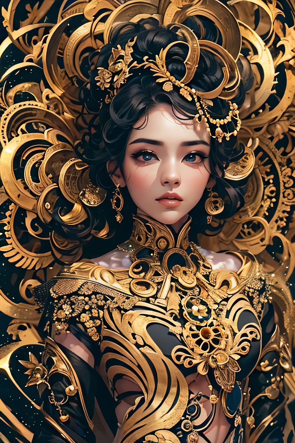 Create a captivating visual of a girl wearing an exquisite ivory gold style ensemble... Her attire combines a rich palette of black and gold.., Create a gorgeous and timeless look. Surround her with intricate fractal art patterns that come to life., adding a surreal and otherworldly dimension to her pLipsence, creative, tangled, get caught in, High_Lips, black hair, curly