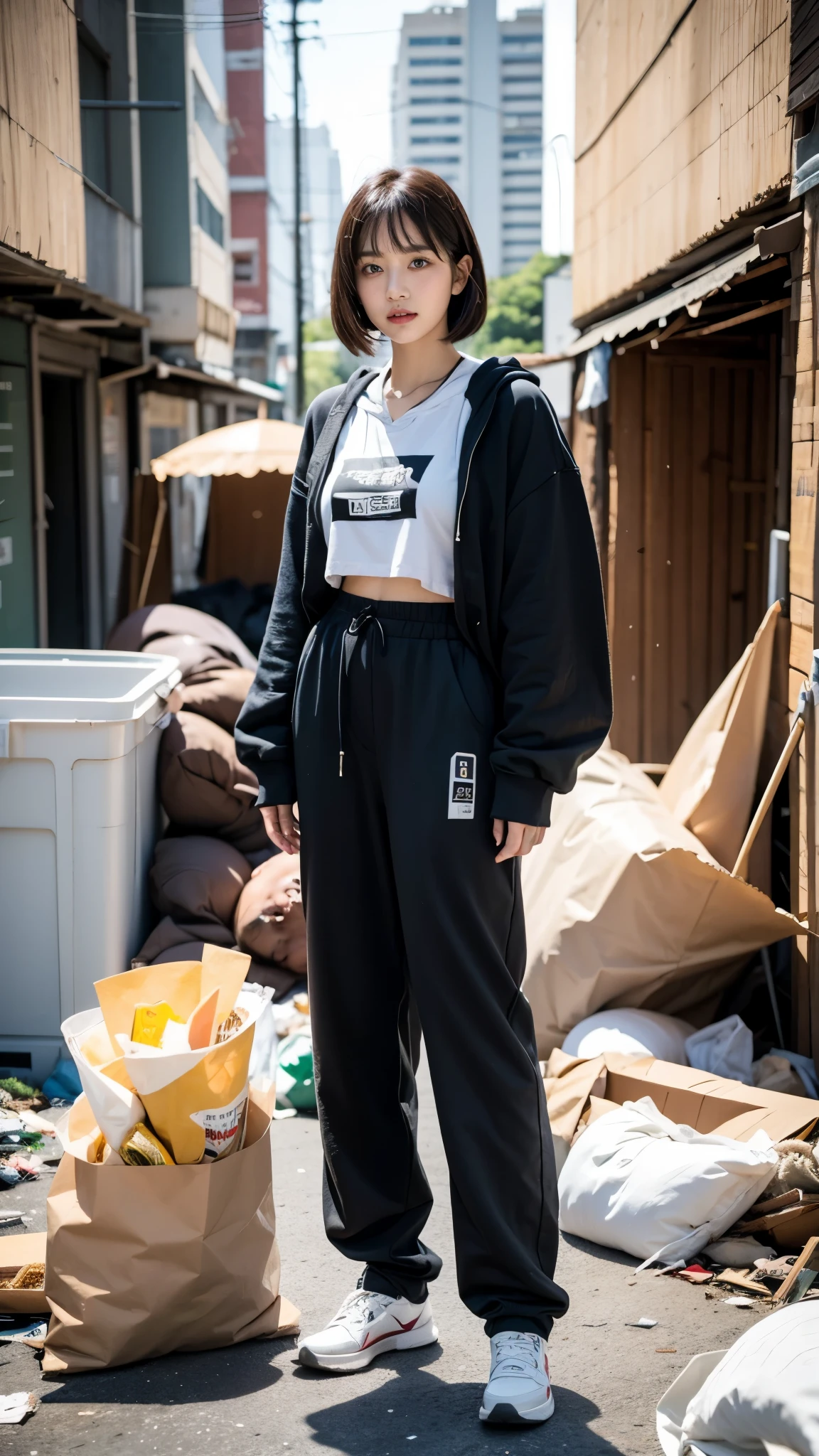 18-year-old,Korean women,(((Dirty neon city))),(((Facing forward))),(((Frowning,カメラをGlaring))),(Very fine eye), (((Wearing a black hoodie,Wearing baggy pants))),(((Collapsing Building))),(((old buildings))),((photograph)),((A woman near a garbage dump)),(((Fabric Shading))), (((highest quality))), (((masterpiece))) strong girl, ((((Realistic)))), I have a card,Black Hair, chic hairstyle, ((With bangs,Straight medium bob cut, nice hair)), Light makeup,Red eyes, (((I'm not wearing lipstick))), (nice, strong), Strong night atmosphere, Centered Images, Looking at the camera, Elegant colors,Realistic Skin,Realistic texture,8k,whole body,Pale skin, (((Dirty garbage dump))),A huge amount of trash,Red iris,Expressionless,Glaring,Perfect Face,(((Big eyes))),He is wearing baggy black pants with wide white stripes.,Mouth closed, portrait of aespaのウィンター,She is wearing black streetwear, Woman in black streetwear, 黒いハイテクな服を着た女性のphotograph, Girl wearing black hoodie, Cyberpunk Streetwear, Cyberpunk Streetwear street fashion e-girl,