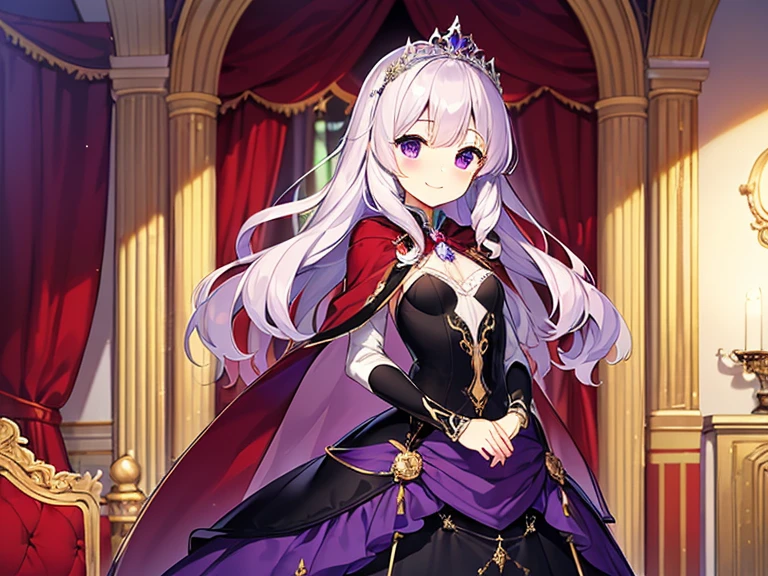 (kawaii),(best quality),(ultra detailed), upper body,(rococo style),(long train dark violet cape:1.15), very long cape,(long train dark violet ball gown with flower decorations), a girl is wearing a cape over her gown, 1 little princess, tiara, smile, small breasts, very long hair