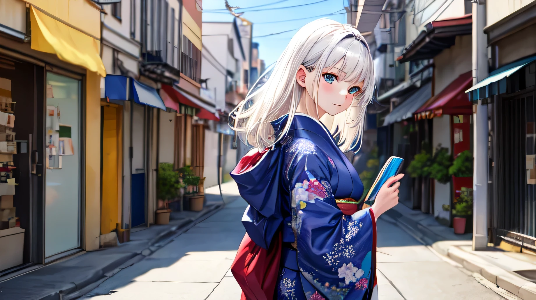for anime,A beautiful white-haired woman wearing a kimono stands on the street