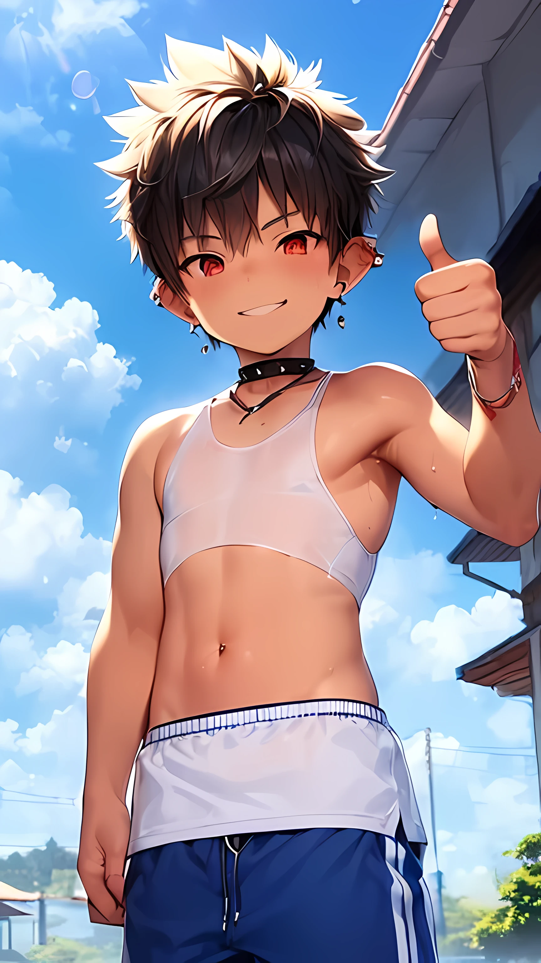 (shota:1.5), (baggy white tank top:1.3), ((blue short pants)), ((thumbs up)), (((best quality))), (((masterpiece))), ((ultra detailed)), (skinny:1.3), (spiked hair), wind blowing, (red streaked hair), wine red eyes, ((raised arms)), ((smiling)),  ((earings)), blue sky, grass, (choker on neck), full body shot, ((nipple pierce)), ((armpits)), (sweaty skin)