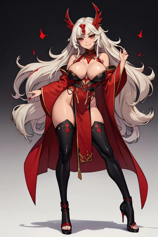 female, silver long hair, red eyes, tan skin, (((1girl))), (((red long robe with black accents))), (gold jewelry), (black heels), (black skirt), (black panties), cute and sexy, large breasts, large butt, full body, long legs, smiling, cleavage, shoulders exposed