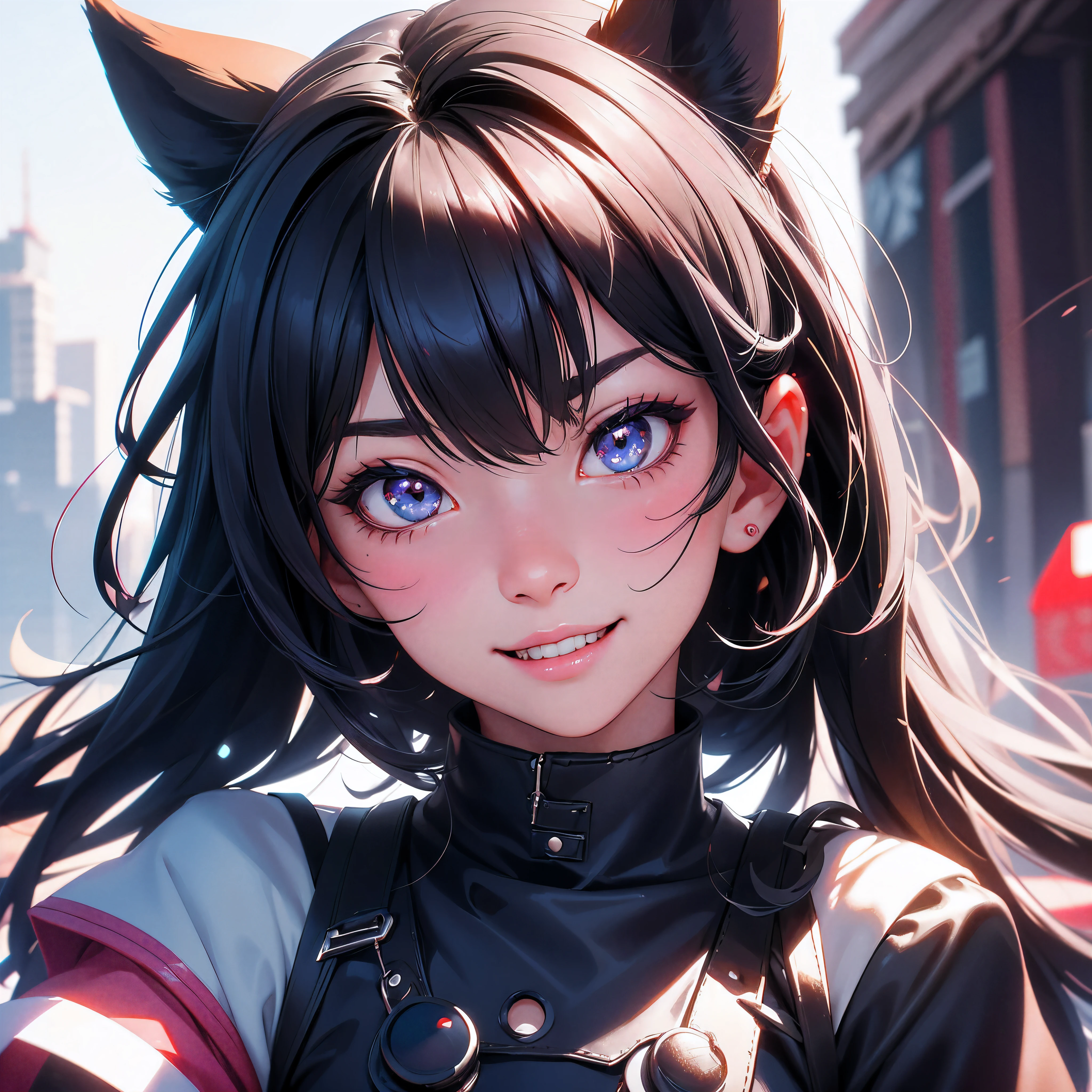 black hair, hair bobbles, wince, longeyelashes, solid circle eyes, fake animal ears, light smile, ear blush, fang, Surrealism, drop shadow, anaglyph, stereogram, tachi-e, pov, atmospheric perspective, 8k, super detail, ccurate, best quality