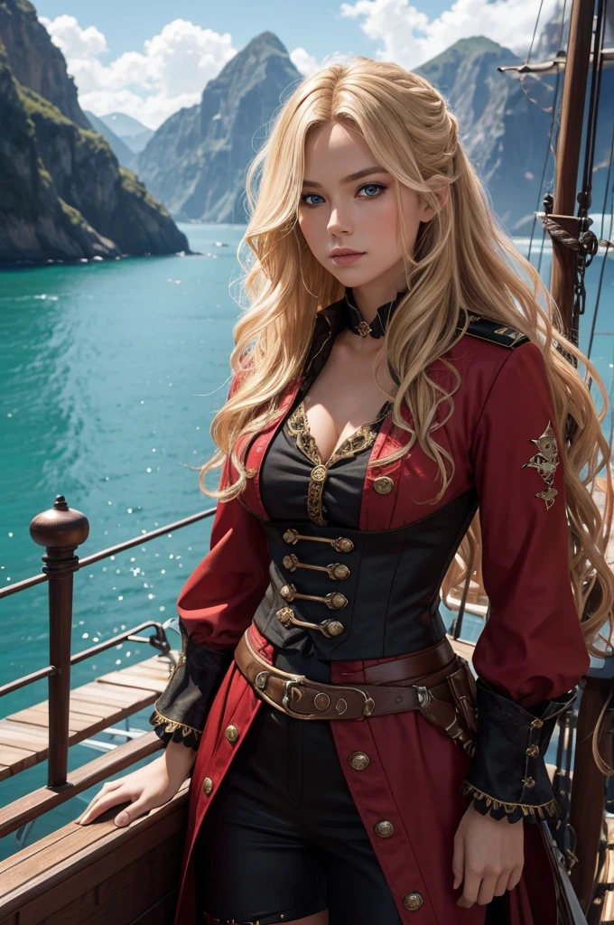 8K, Masterpiece, Award wining photo, Standing proudly on the deck of a pirate ship, the captain commands attention in her striking red pirate attire. Her costume, meticulously detailed in red and black hues, exudes an air of authenticity. With a lifelike skin texture and captivating blue eyes, she gazes directly at the viewer, her blonde wavy hair adding to her allure. The scene is set against a backdrop of breathtaking landscapes, portrayed with super high resolution and remarkable realism.