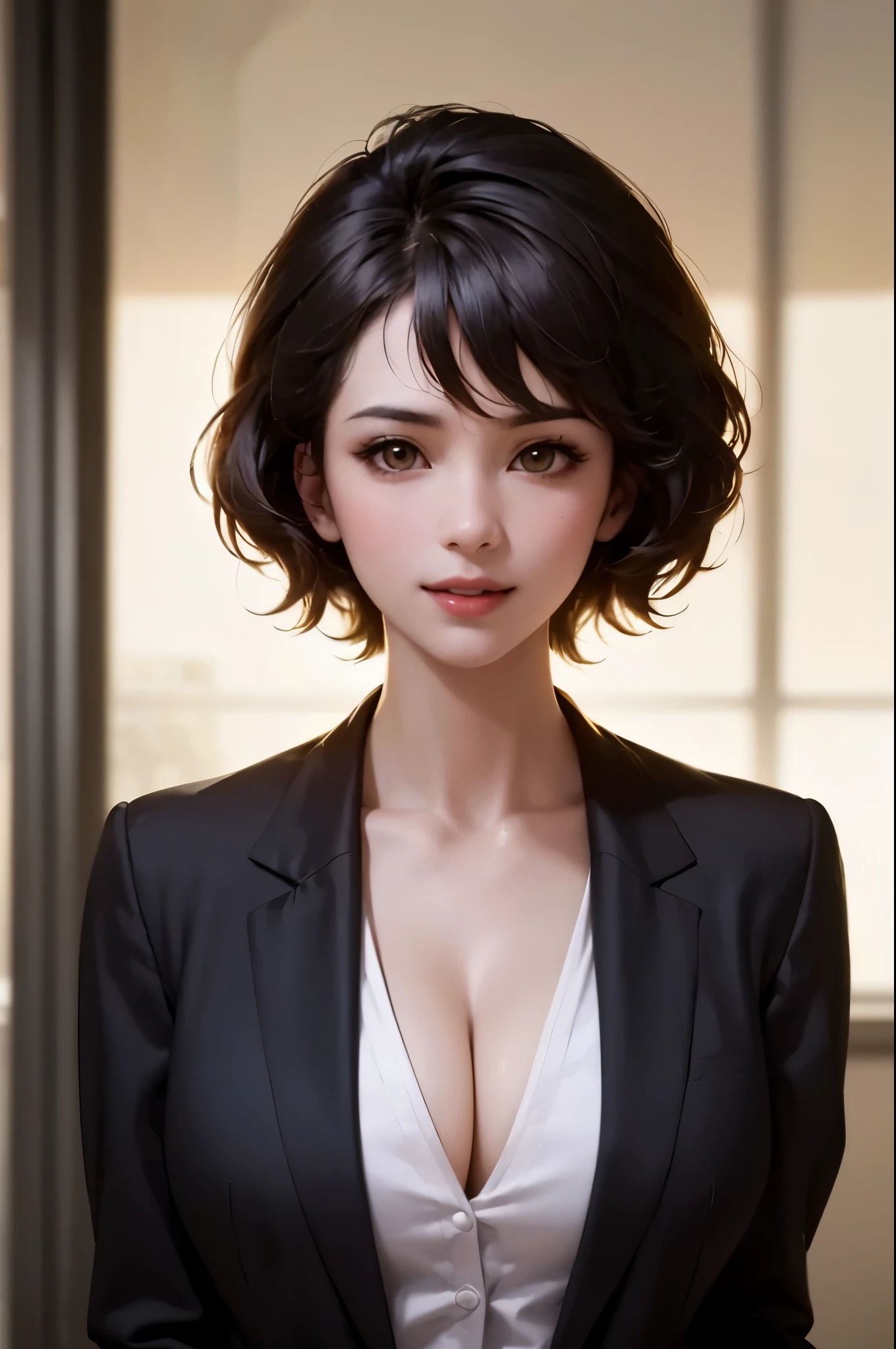 (RAW photo), (Realistic), (photo-realistic), ultra high resolution, masterpiece, highest quality, portrait, facial portrait, perfect lighting, detailed lighting, dramatic shadow, ray tracing, 1 Japanese beautiful mature lady, 30 years old, naughty face, Voluptuous, cleavage, beautiful detailed brown eyes, red lips, big thick thighs, ((shortcut hair:1.35)), black hair, half open mouth, smiling, looking at viewer, (((wearing a business suit))), in office, full body,