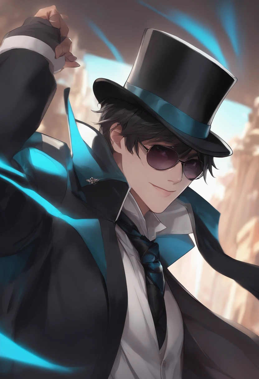 1boy, solo, kurofuku, necktie, male focus, black suit, upper body, black pants,inky body,cyan eye,grin, wearing a top hat, mystery being, sunglasses, cloak