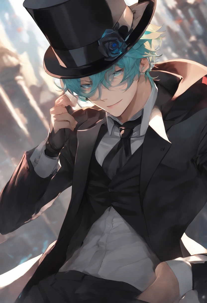 1boy, solo, kurofuku, necktie, male focus, black suit, upper body, black pants,inky body,cyan eye,grin, wearing a top hat, mystery being, sunglasses, cloak