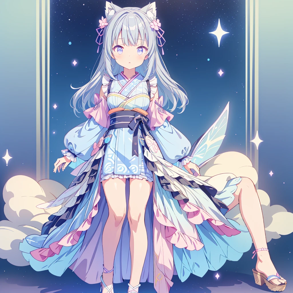 vtuber-fullbody、character design sheet、Transparent pastel colored little fairy wings、Gray hair and blue inner color、A beautiful girl wearing a remade black and white yukata、A frilled courtesan dress with a pattern that evokes the Milky Way and the universe.、vtubermodel