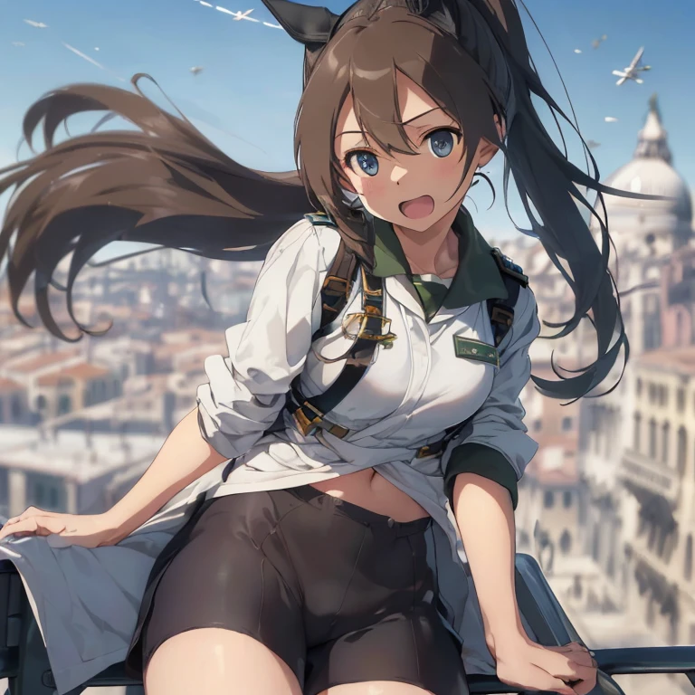 {(masterpiece,best quality, 8K UHD, extremely detailed CG, detailed beautiful face and eyes and skin and hair)}, {(ultra realistic photo graphic style:1.4)}, {(Fly at high altitude:1.1), (Free fall from Altitude 10000m:1.6), (out of focus background:1.8)}, {(strike witches:1.4), (sports_uniform_bottom)}, {(crotch showing pose:1), (turn one's crotch:1.2), (crotch gaze:1.2), (feet up:1.3)}, {1girl, 20yo, medium hair, Ponytail hair with braids, forehead}, {(joyful:1.4)}, {(hair stands on end in the wind)}, {(VENICE city:1.2)}