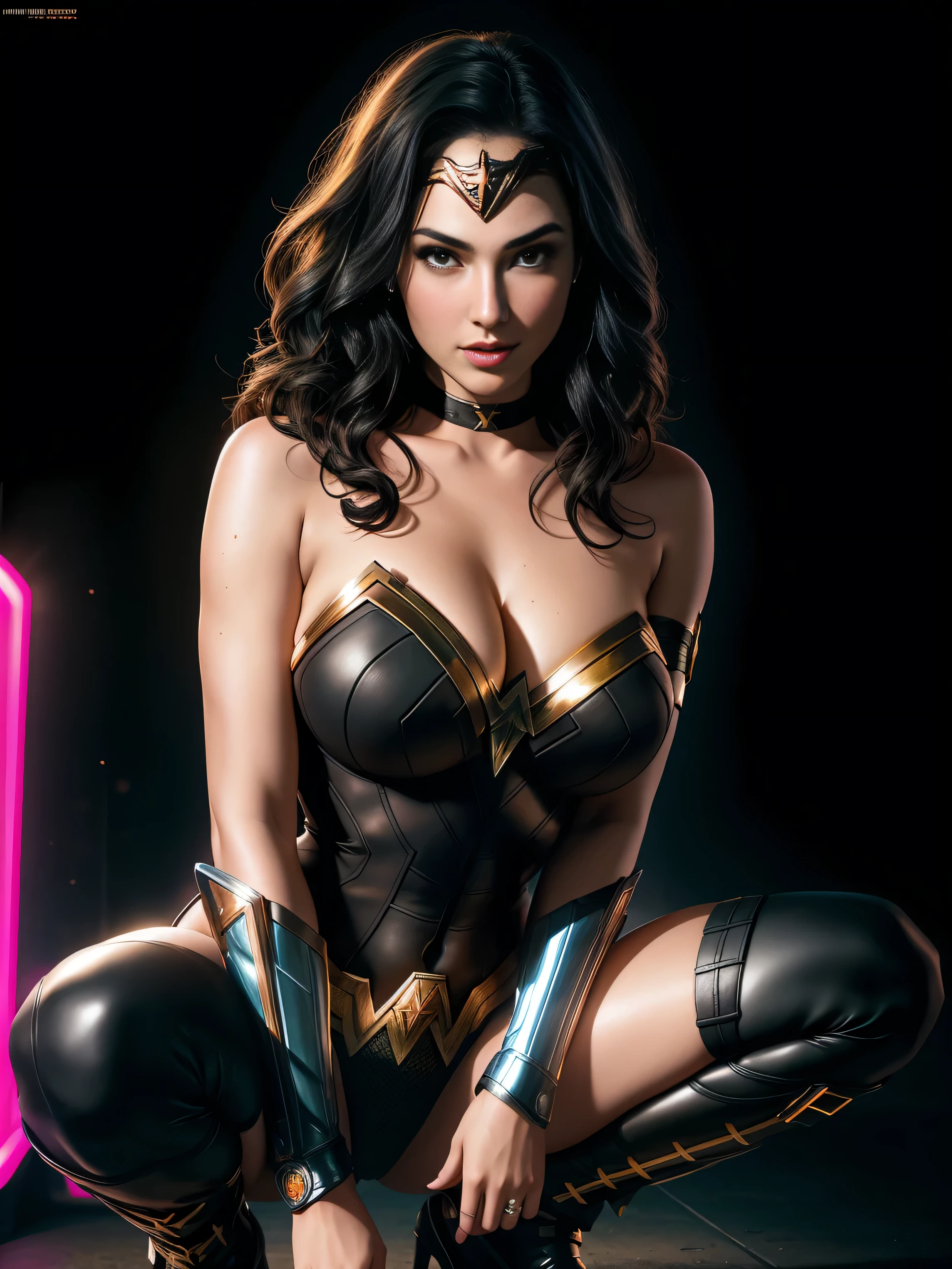 there IS GAL GADOT AS WONDER WOMAN squatting, long hair, 3 d neon art of a womans body, neon-noir background, cyberpunk femme fatale, seductive cyberpunk dark fantasy, cyberpunk strip clubs, cyberpunk 20 y. o model girl, oppai cyberpunk, banner, high definition cgsociety, cgsociety masterpiece, trending on cgstation, kda, random hair, looking at camera, gigantic breasts, cleavage, (high detailed skin:1.2), 8k uhd, dslr, super lighting, high quality, film grain, high res, highly detailed, hyper realistic, beautiful face, beautiful body, beautiful eyes nose lips, alluring expression, very bold, upper visible, full body photo, standing legs apart, pale translucent glowing skin, most beautiful face, cute, (well defined pubic hair:1.2)), (dark plain black background:1.4))