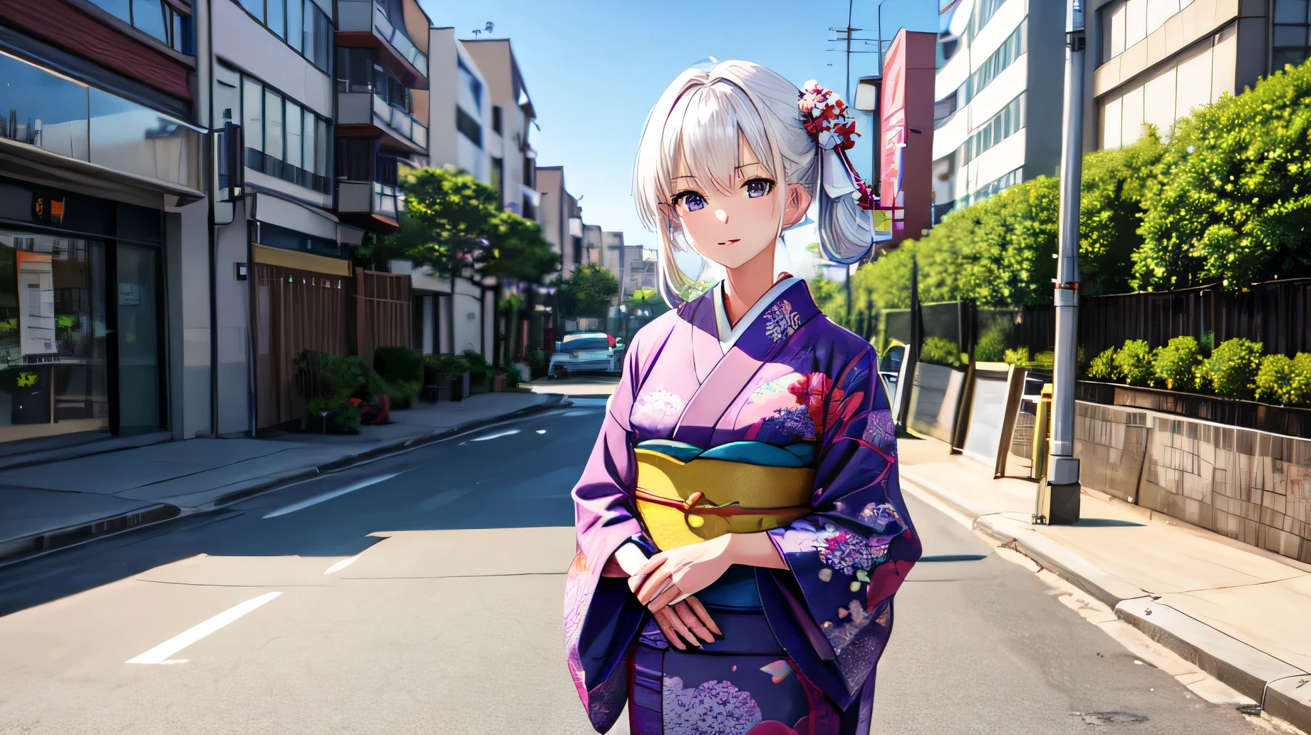 for anime,A beautiful white-haired woman wearing a kimono stands on the street