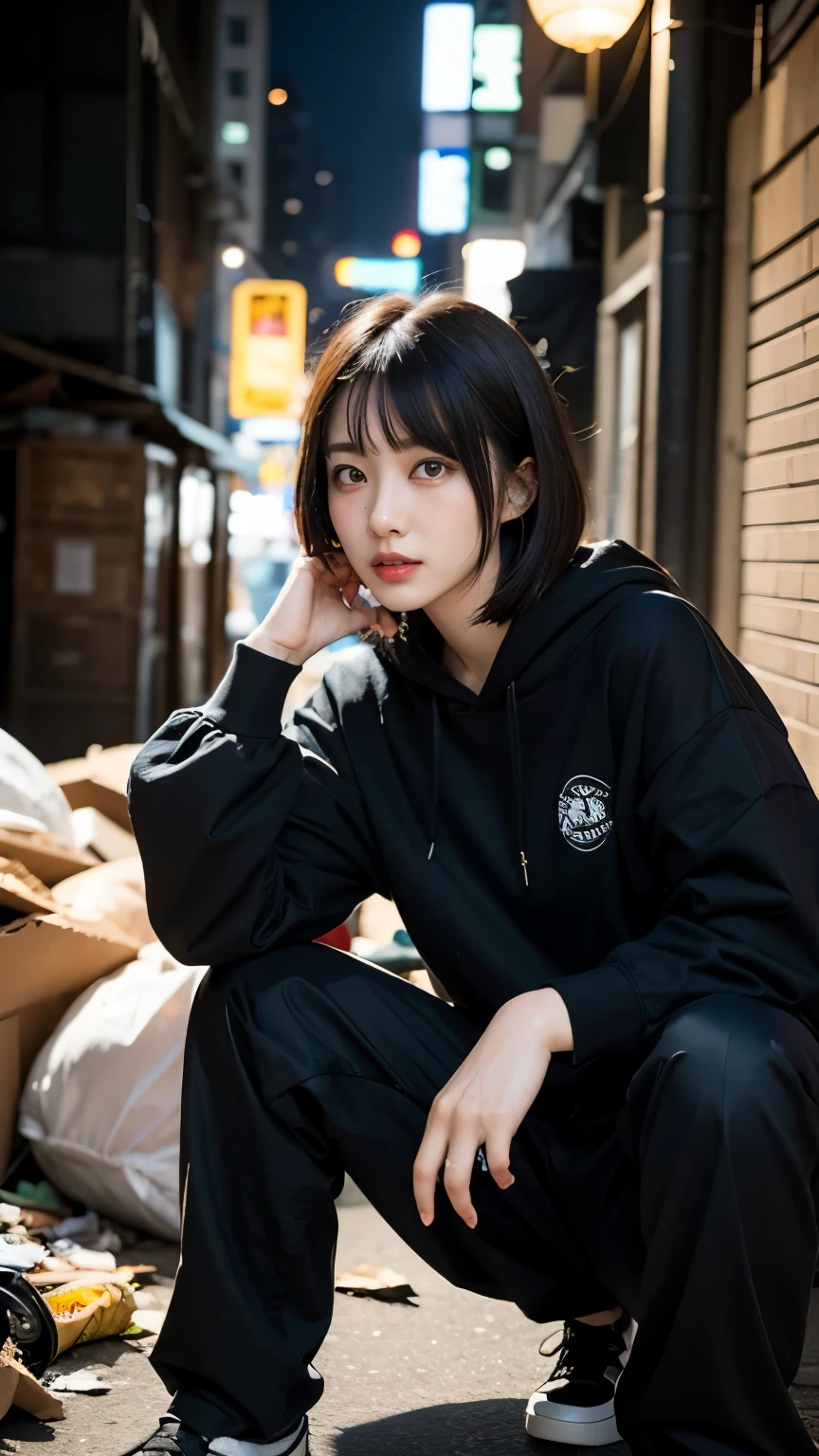 18-year-old,Korean women,(((Dirty neon street at night))),(((Facing forward))),(((Frowning,カメラをGlaring))),(Very fine eye), (((Wearing a black hoodie,Wearing baggy pants))),(((Collapsing Building))),(((old buildings))),((photograph)),((A woman near a garbage dump)),(((Fabric Shading))), (((highest quality))), (((masterpiece))) strong girl, ((((Realistic)))), I have a card,Black Hair, chic hairstyle, ((With bangs,Straight medium bob cut, nice hair)), Light makeup,Red eyes, (((I&#39;m not wearing lipstick))), (nice, strong), (((Strong night atmosphere))), Centered Images, Looking at the camera, Elegant colors,Realistic Skin,Realistic texture,８k,whole body,Pale skin, (((Dirty garbage dump))),A huge amount of trash,Red iris,Expressionless,Glaring,Perfect Face,(((Big eyes))),He is wearing baggy black pants with wide white stripes.,Mouth closed, portrait of aespaのウィンター,She is wearing black streetwear, Woman in black streetwear, 黒いハイテクな服を着た女性のphotograph, Girl wearing black hoodie, Cyberpunk Streetwear, Cyberpunk Streetwear street fashion e-girl,