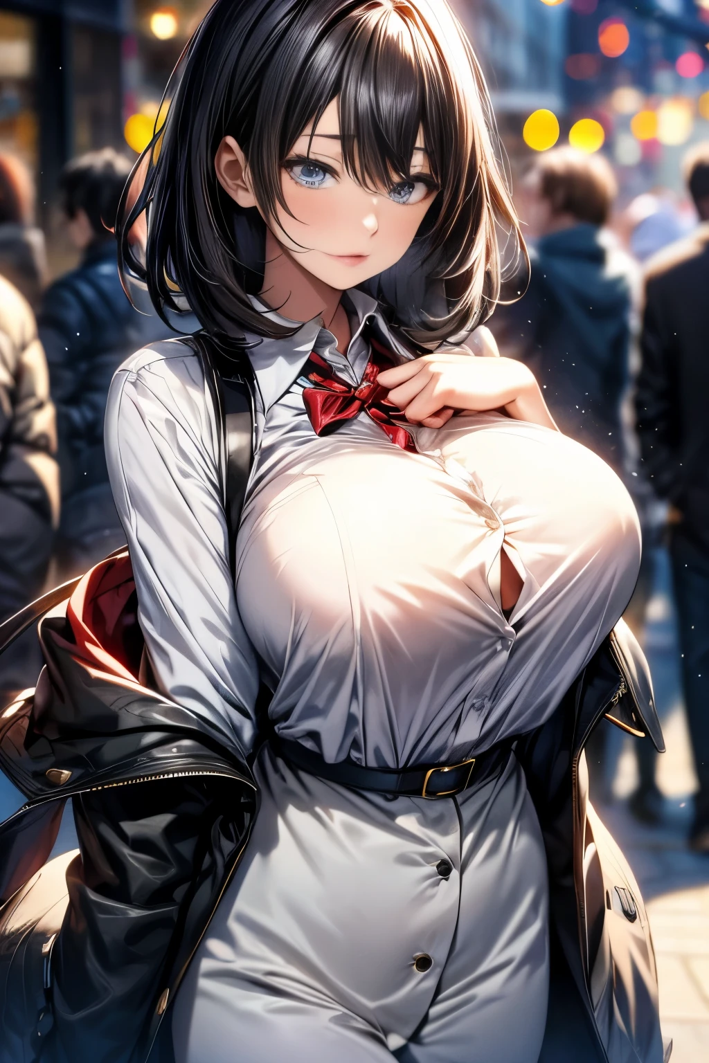 Emma Stone, black_hair, Blurred, Blurred_background, Blurred_prospect, Bokeh, chest, Brown_eye, button_gap, buttons, Christmas_wood, chestof谷間, With collar_shirt, Cosplay_photograph, depth_of_Field, big_chest, lips,shirtofchestbuttonがはずれてblackいブラジャーが丸見え, Erect nipples