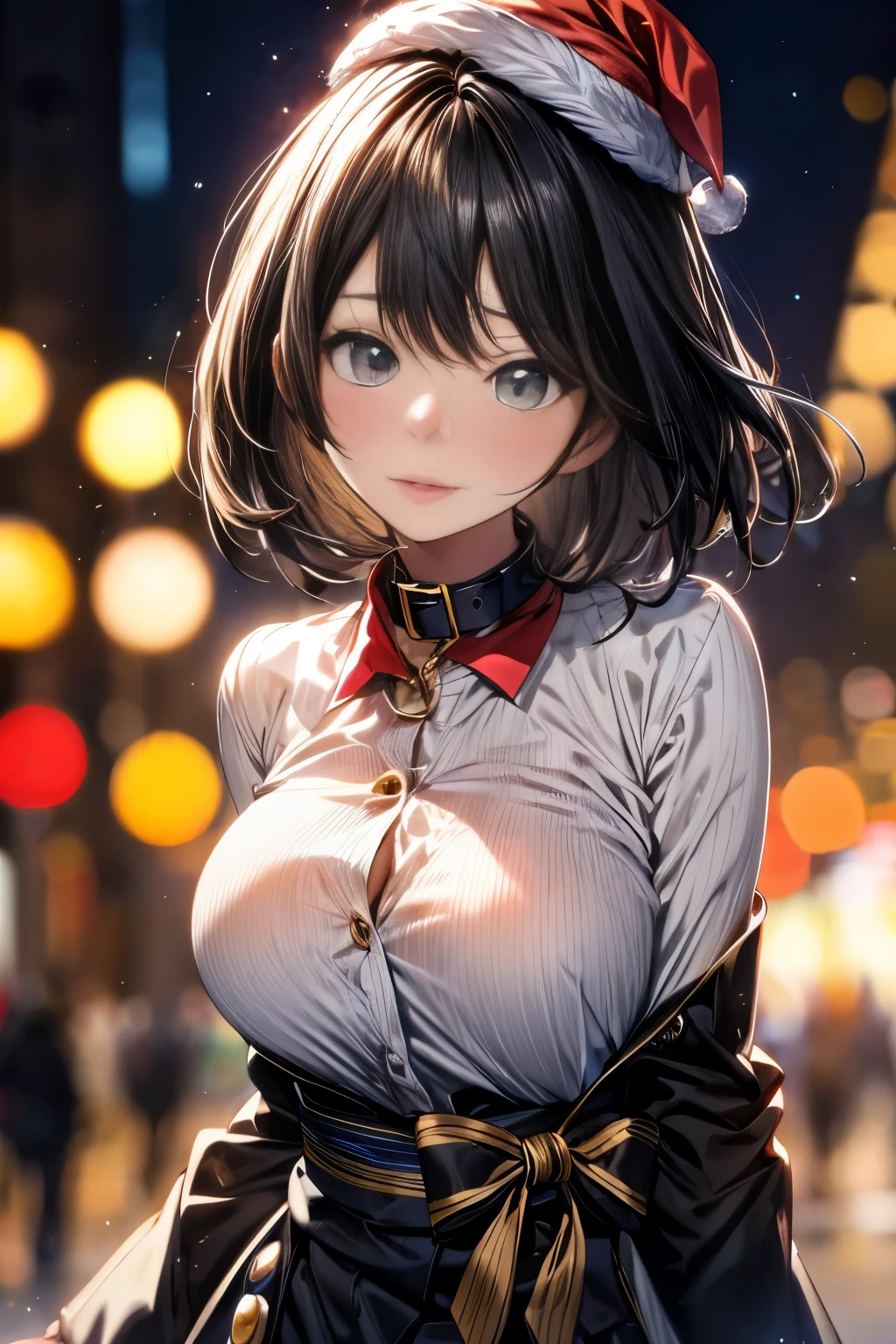 Emma Stone, black_hair, Blurred, Blurred_background, Blurred_prospect, Bokeh, chest, Brown_eye, button_gap, buttons, Christmas_wood, chestof谷間, With collar_shirt, Cosplay_photograph, depth_of_Field, big_chest, lips,chestbuttonは留まっていない,blackいブラジャーが丸見え, Erect nipples