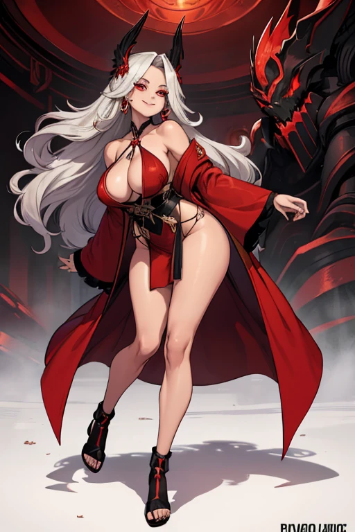 female, silver long hair, red eyes, tan skin, (((1girl))), (((red long robe with black accents))), (gold jewelry), (black heels), (black skirt), (black panties), cute and sexy, large breasts, large butt, full body, long legs, smiling, cleavage, shoulders exposed