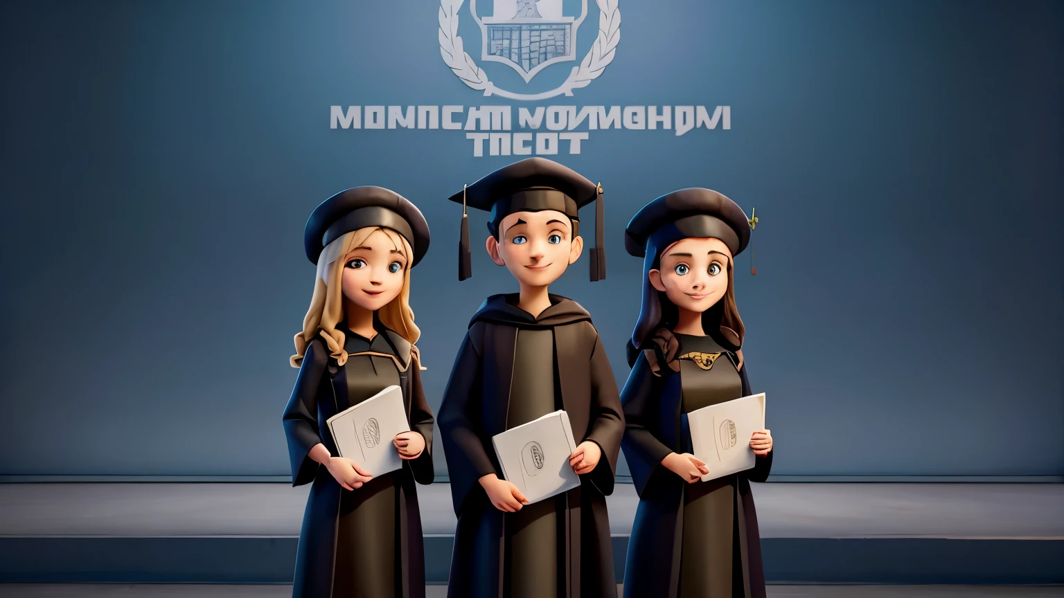 Three people in black robes and master&#39;s caps on their heads, holding diploma papers in their hands and smiling, against the backdrop of the Moscow State Institute of International Relations MGIMO