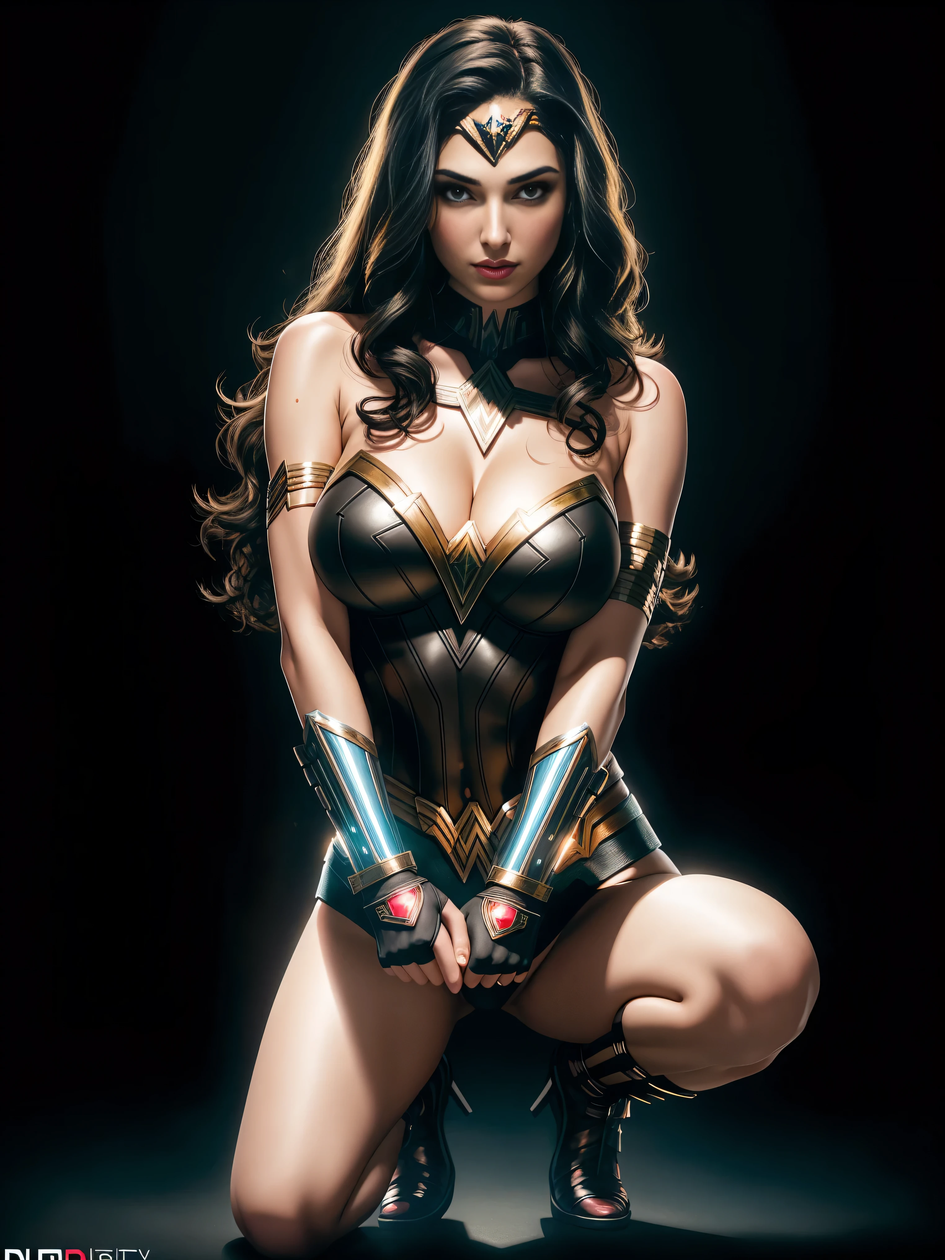 there  IS GAL GADOT AS WONDER WOMAN squatting, long hair, 3 d neon art of a womans body, neon-noir background, cyberpunk femme fatale, seductive cyberpunk dark fantasy, cyberpunk strip clubs, cyberpunk 20 y. o model girl, oppai cyberpunk, banner, high definition cgsociety, cgsociety masterpiece, trending on cgstation, kda, random hair, looking at camera, gigantic breasts, cleavage, (high detailed skin:1.2), 8k uhd, dslr, super lighting, high quality, film grain, high res, highly detailed, hyper realistic, beautiful face, beautiful body, beautiful eyes nose lips, alluring expression, very bold, upper  visible, full body photo, standing legs apart, pale translucent glowing skin, most beautiful face, cute, (well defined pubic hair:1.2)), (dark plain black background:1.4))