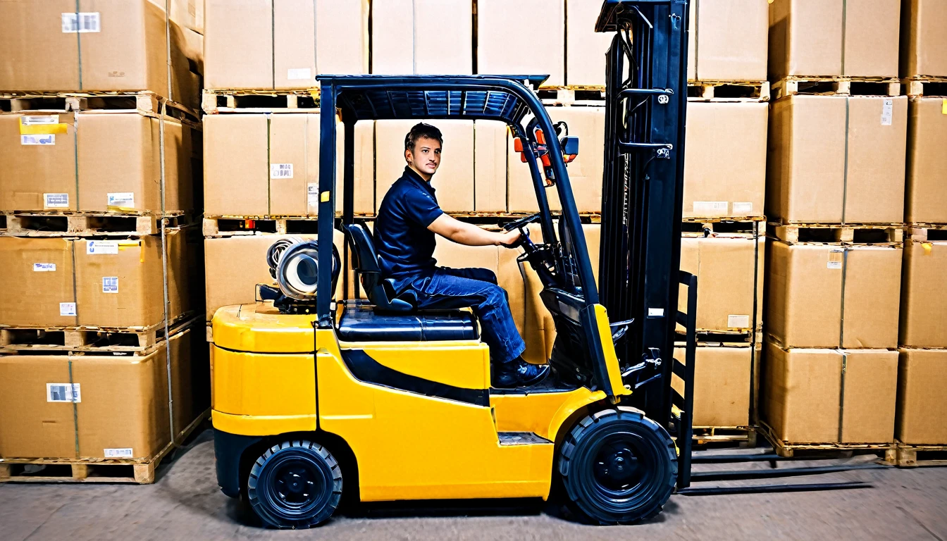 In a large storage with a lot of boxs stacking high, a male worker driving a forklift