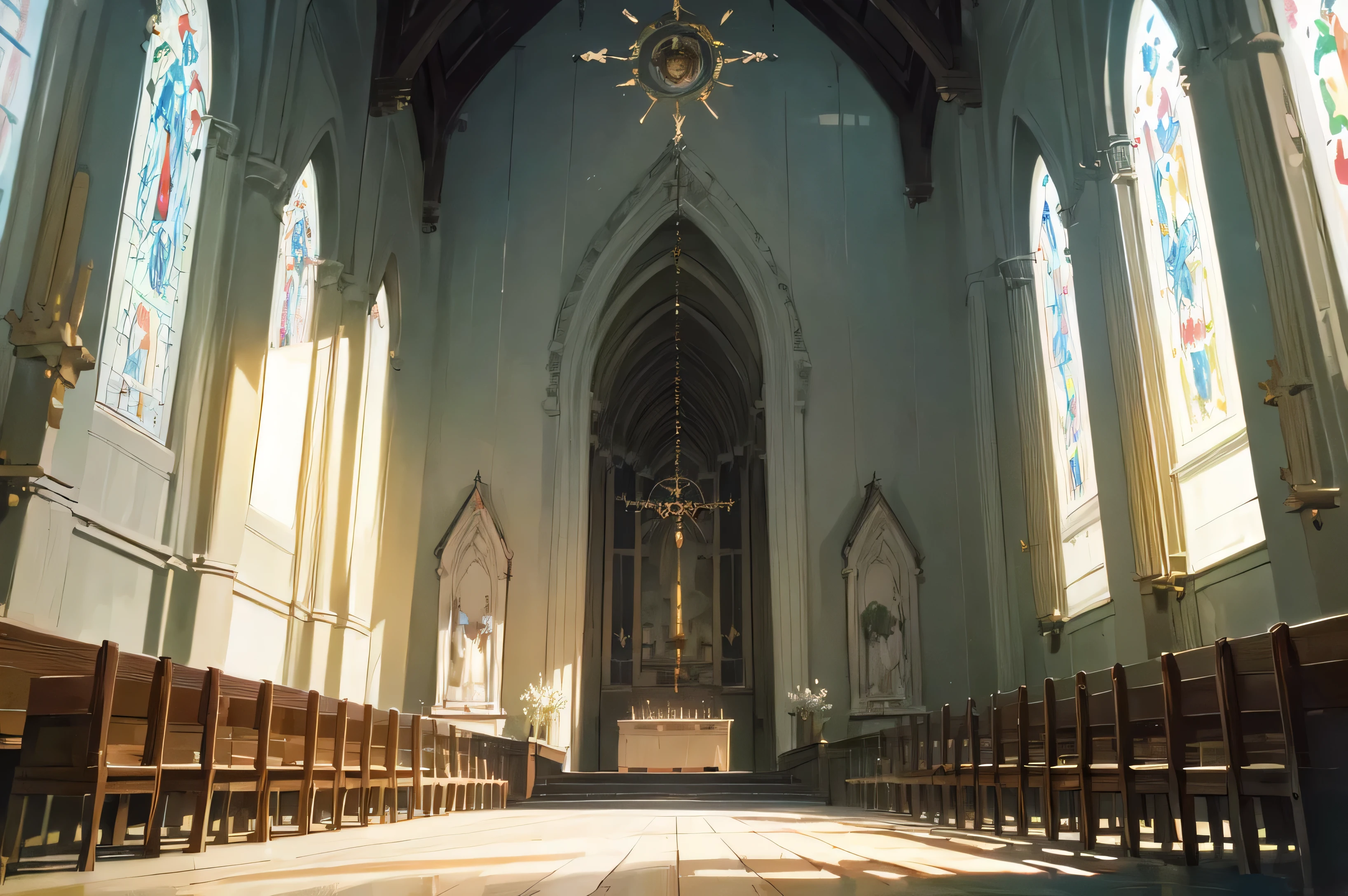 (best quality,highres,masterpiece:1.2),ultra-detailed,realistic,small simple chapel interior,quiet and serene atmosphere,soft lighting,religious symbolism,wooden pews,candles flickering,beautiful stained glass windows,subtle colors,elegant architecture,vintage charm,peaceful ambiance,tranquil silence,spiritual sanctuary,divine presence,holy