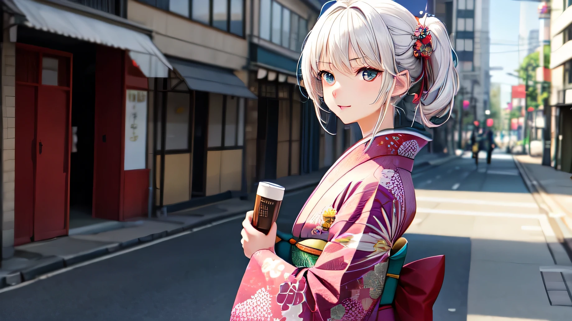 for anime,A beautiful white-haired woman wearing a kimono stands on the street