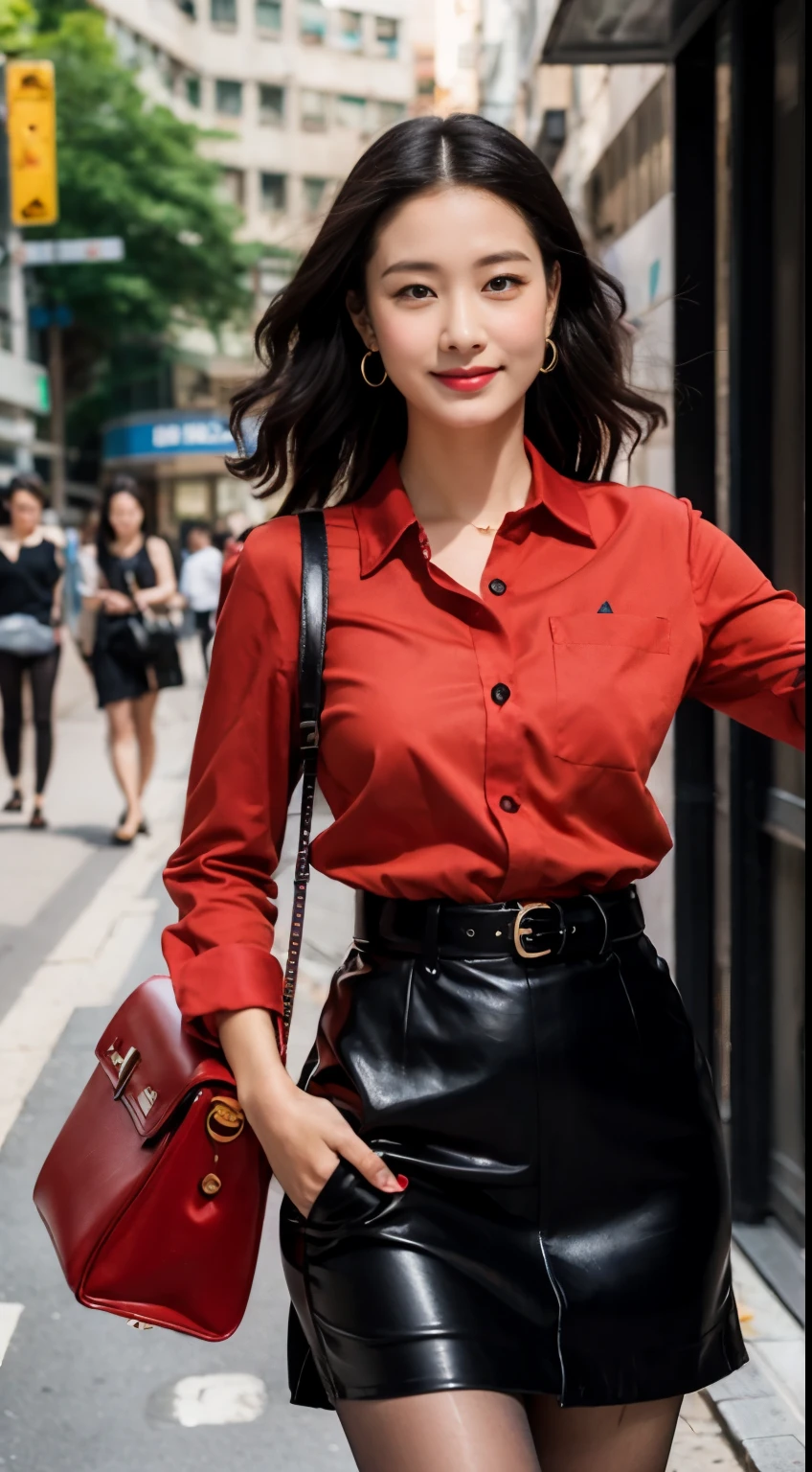 high quality，High-definition quality，8k，A woman stands on the street in Hong Kong，Carrying a black Hermès bag，shoulder-length black hair，big curly hair，All red French shirt，Black hip skirt，Black leather belt，Pantyhose，High heel，Vintage port style，Bright and beautiful women
