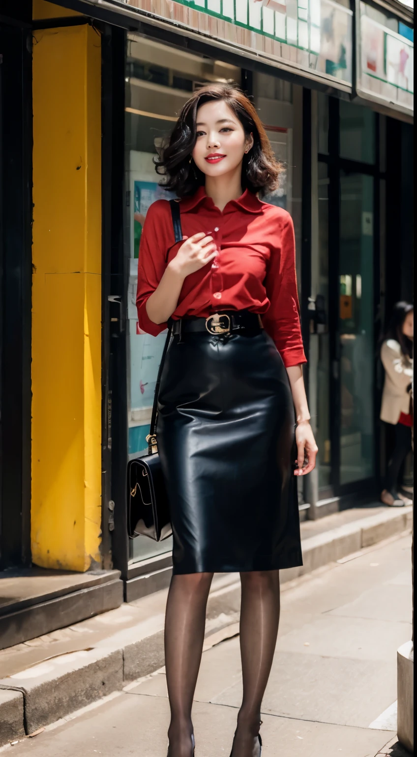 high quality,High-definition quality,8k,A woman stands on the street in Hong Kong,Carrying a black Hermès bag,shoulder-length black hair,big curly hair,All red French shirt,Black hip skirt,Black leather belt,Pantyhose,High heel,Vintage port style,Bright and beautiful women