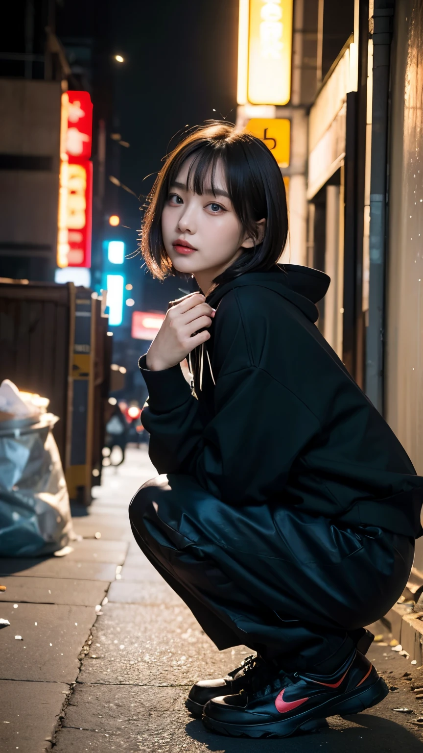 18-year-old,Korean women,Crouching down and looking at me,(((Dirty neon street at night))),(((Facing forward))),(((Frowning,カメラをGlaring))),(Very fine eye), (((Wearing a black hoodie,Wearing baggy pants))),(((Collapsing Building))),(((old buildings))),((photograph)),((A woman near a garbage dump)),(((Fabric Shading))), (((highest quality))), (((masterpiece))) strong girl, ((((Realistic)))), I have a card,Black Hair, chic hairstyle, ((With bangs,Straight medium bob cut, nice hair)), Light makeup,Red eyes, (((I&#39;m not wearing lipstick))), (nice, strong), (((Strong night atmosphere))), Centered Images, Looking at the camera, Elegant colors,Realistic Skin,Realistic texture,８k,whole body,Pale skin, (((Dirty garbage dump))),A huge amount of trash,Red iris,Expressionless,Glaring,Perfect Face,(((Big eyes))),He is wearing baggy black pants with wide white stripes.,Mouth closed, portrait of aespaのウィンター,She is wearing black streetwear, Woman in black streetwear, 黒いハイテクな服を着た女性のphotograph, Girl wearing black hoodie, Cyberpunk Streetwear, Cyberpunk Streetwear street fashion e-girl,