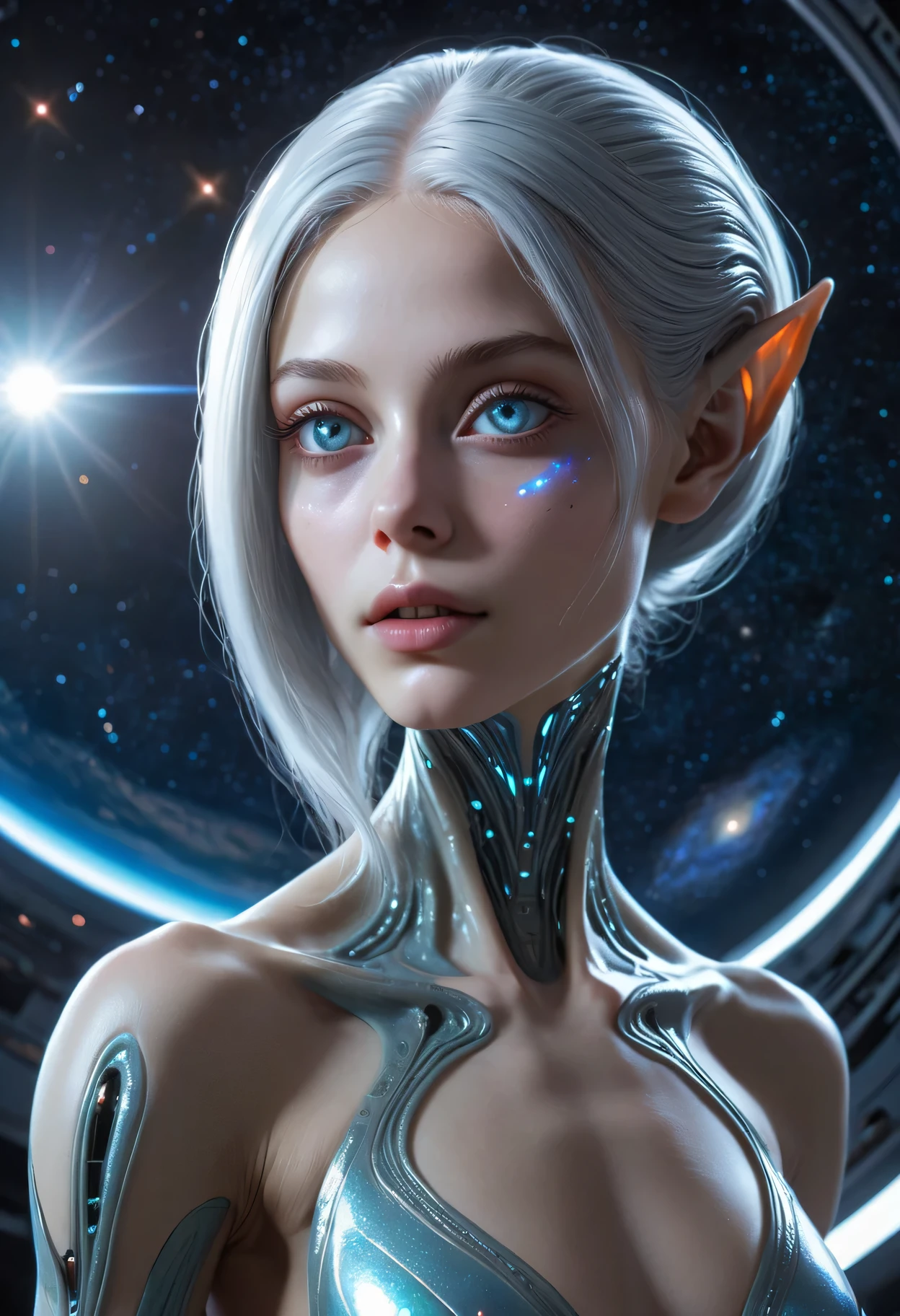 (best quality,4k,highres,masterpiece:1.2),ultra-detailed,realistic,photorealistic:1.37,extraterrestrial,beautiful detailed eyes,beautiful detailed lips,extremely detailed eyes and face,long eyelashes,sexy and alluring,goddess-like appearance,glowing skin,pale blue skin tone,shimmering silver hair,alien markings on her body,seductive expression,alien spacecraft in the background,otherworldly landscape,nighttime scene,dark and mysterious ambiance,cosmic lighting,star-filled sky,nebulae and galaxies,alien technology,glimmering holographic projections,erotic aura,futuristic and ethereal vibe