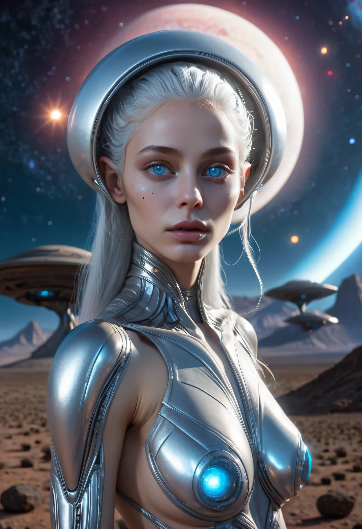 (best quality,4k,highres,masterpiece:1.2),ultra-detailed,realistic,photorealistic:1.37,extraterrestrial,beautiful detailed eyes,beautiful detailed lips,extremely detailed eyes and face,long eyelashes,sexy and alluring,goddess-like appearance,glowing skin,pale blue skin tone,shimmering silver hair,alien markings on her body,seductive expression,alien spacecraft in the background,otherworldly landscape,nighttime scene,dark and mysterious ambiance,cosmic lighting,star-filled sky,nebulae and galaxies,alien technology,glimmering holographic projections,erotic aura,futuristic and ethereal vibe