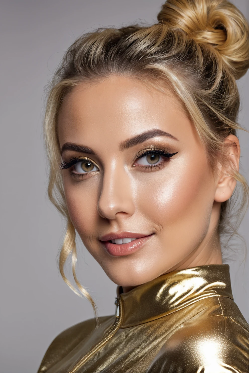 hyperrealistic beautiful busty 30-year-old women in shiny golden flowered jumpsuit, model shooting mugshot photography, dyed blonde messy bun, dark eye makeup with eyeliner, seductive smile, 8K, best quality, Meisterwerk, ultra high resolution, (Realismus: 1.4), Originalfoto, (realistische Hautstruktur: 1.3), (Filmkorn: 1.3), (Selfie-Winkel), 1 girl, Beautiful eyes and facial details, Meisterwerk, best quality