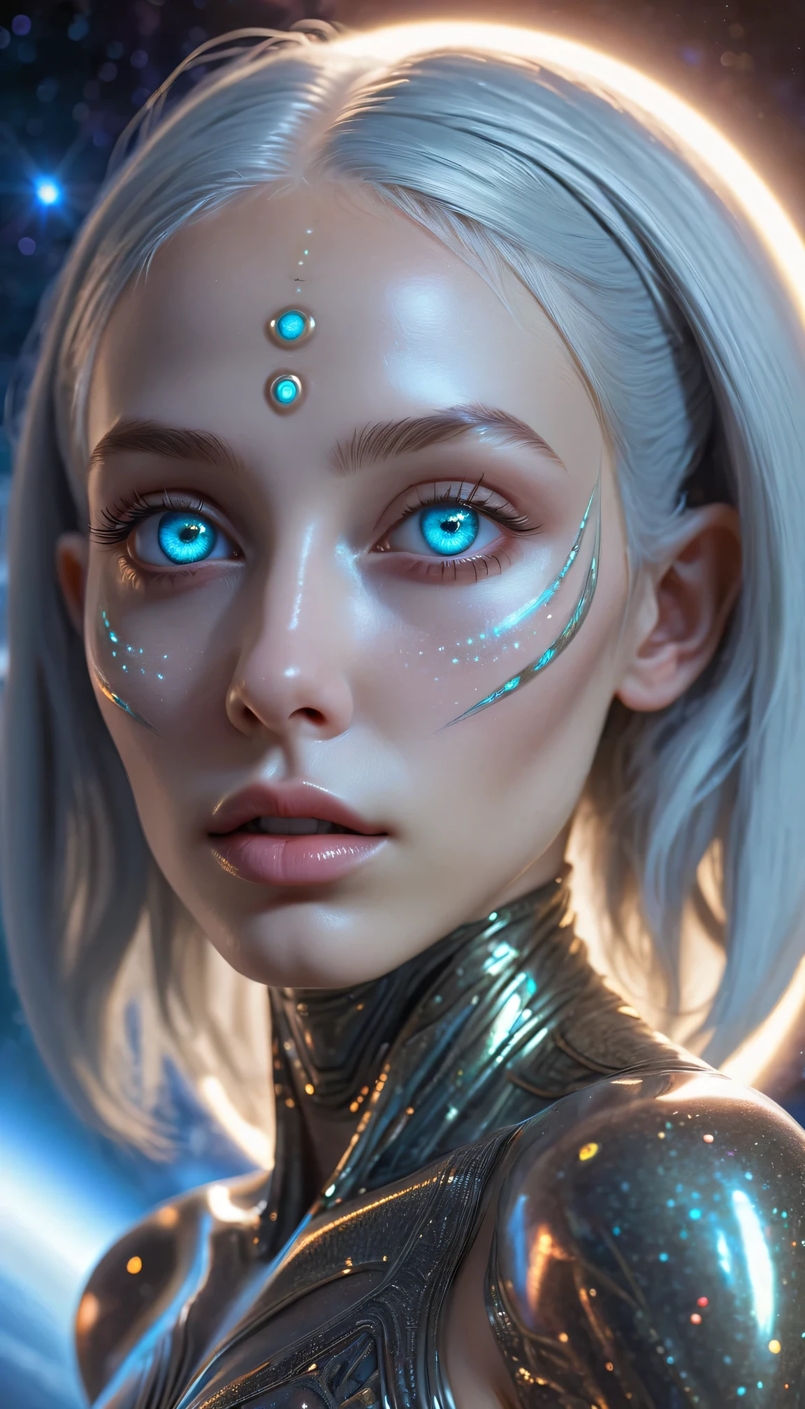 (best quality,4k,highres,masterpiece:1.2),ultra-detailed,realistic,photorealistic:1.37,extraterrestrial,beautiful detailed eyes,beautiful detailed lips,extremely detailed eyes and face,long eyelashes,sexy and alluring,goddess-like appearance,glowing skin,pale blue skin tone,shimmering silver hair,alien markings on her body,seductive expression,alien spacecraft in the background,otherworldly landscape,nighttime scene,dark and mysterious ambiance,cosmic lighting,star-filled sky,nebulae and galaxies,alien technology,glimmering holographic projections,erotic aura,futuristic and ethereal vibe