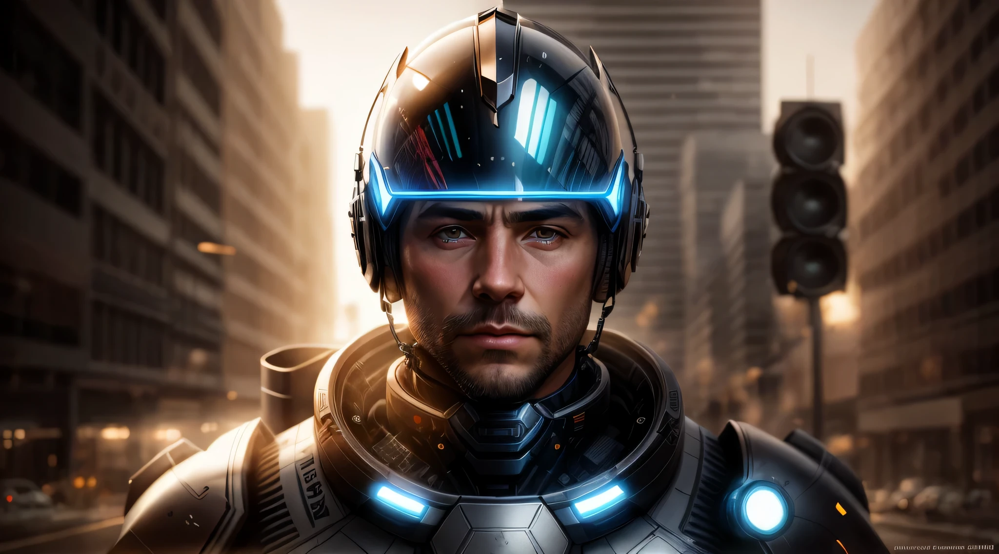 a portrait of a man in a highly technological futuristic armor with his eyes open, 8k portrait rendering, ultra detailed, masterpiece, work of art, realistic.