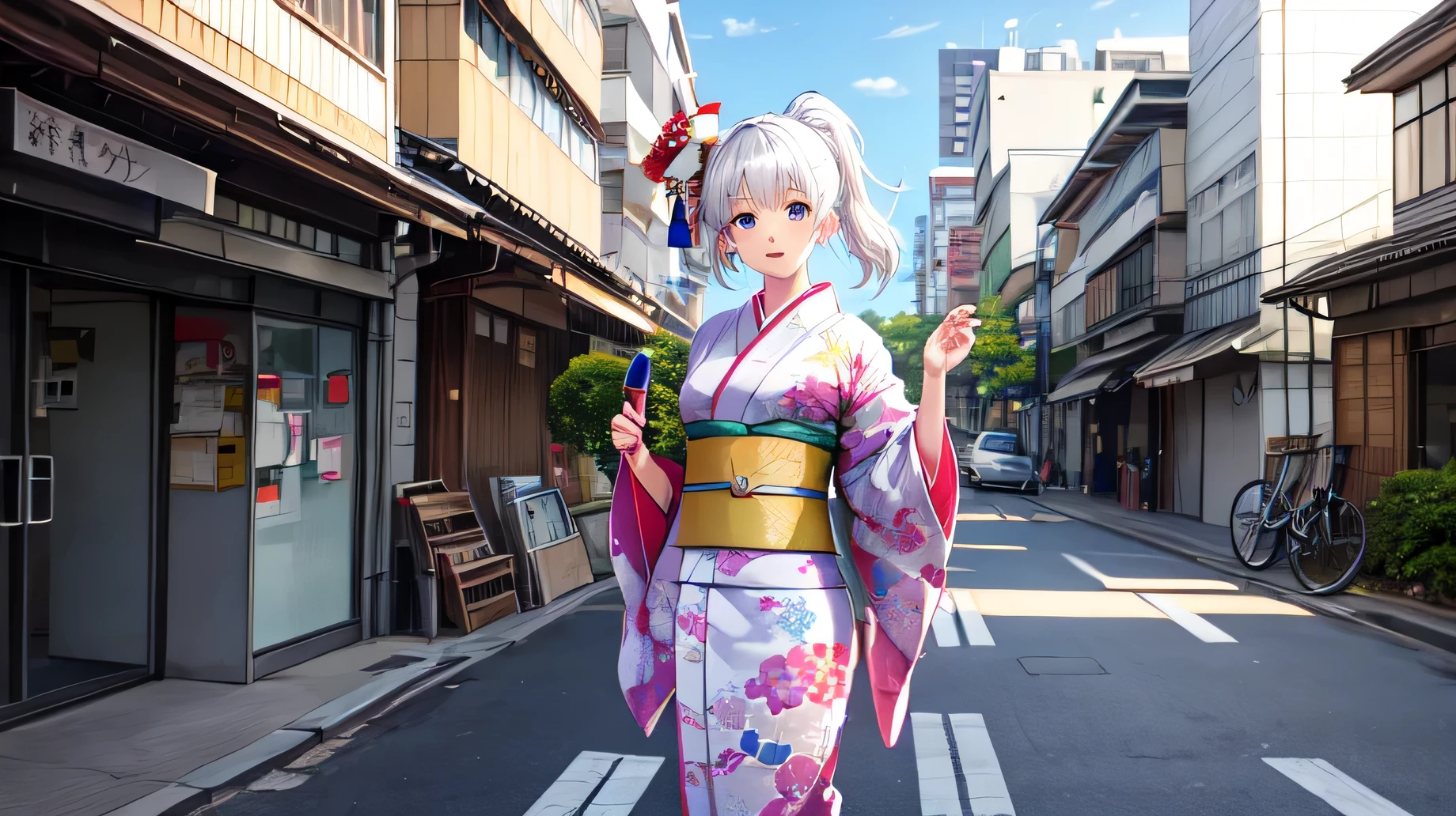  for anime,A beautiful white-haired woman wearing a kimono stands on the street