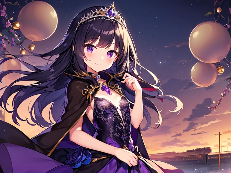 (kawaii),(best quality),(ultra detailed), upper body,(rococo style),(long train dark violet cape:1.15), very long cape,(long train dark violet ball gown with flower decorations), a girl is wearing a cape over her gown, 1 little princess, tiara, smile, small breasts, very long hair