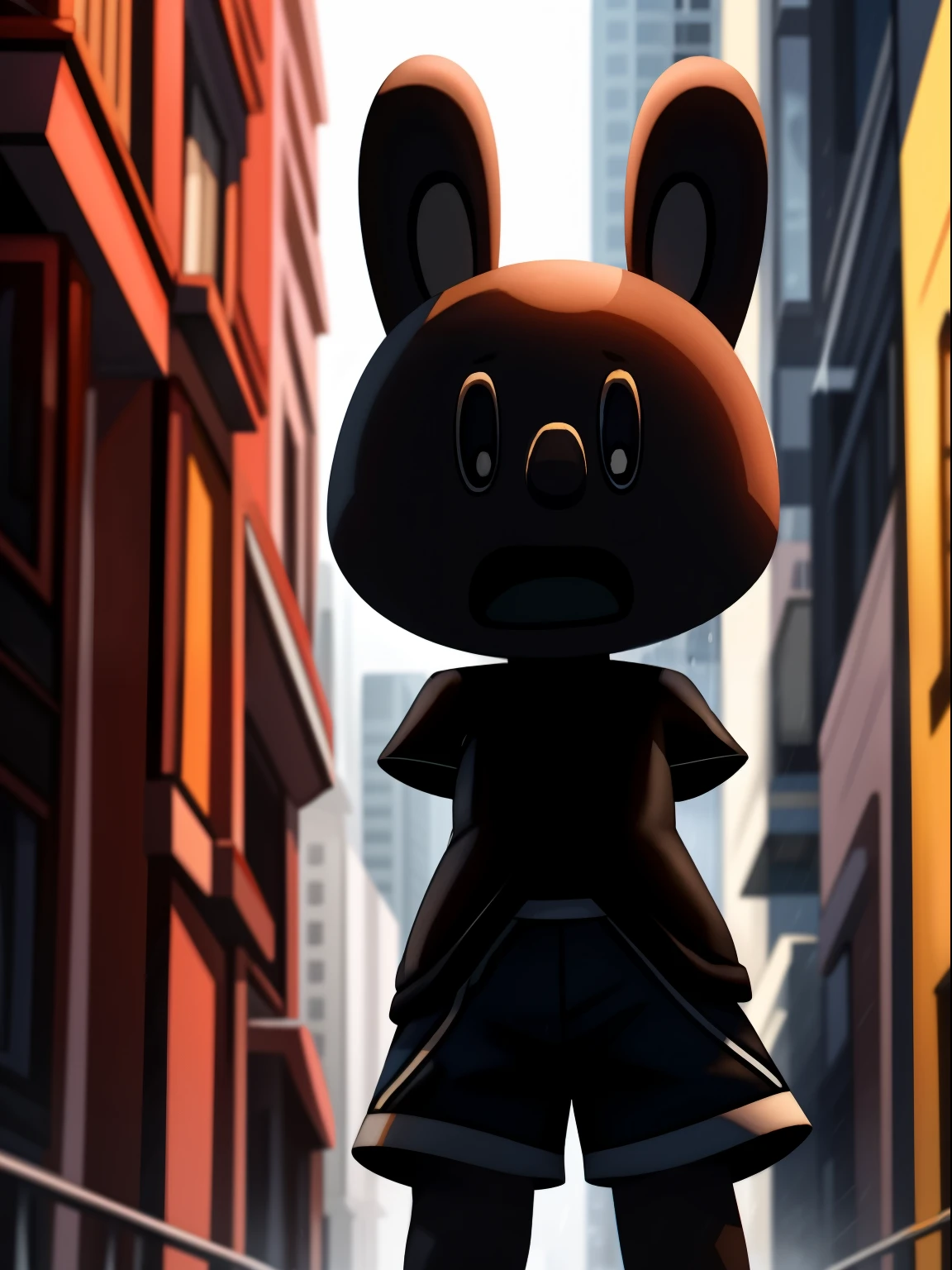 Oswald, armless, missing arms, no arms, black eyes, blue shorts, white polka dots on ears, sad expression, open mouth frown, crying, tears, expressive, dynamic angle, city street background, raindrops, raining, intricate details, masterpiece, colofur