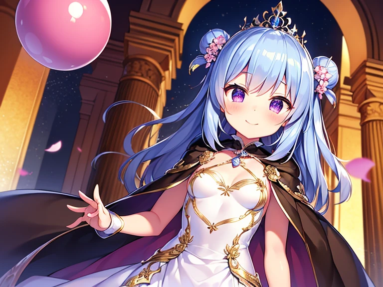 (kawaii),(best quality),(ultra detailed), upper body,(rococo style),(long train dark violet cape:1.15), very long cape,(long train dark violet ball gown with flower decorations), a girl is wearing a cape over her gown, 1 princess, tiara, smile, small breasts, very long hair