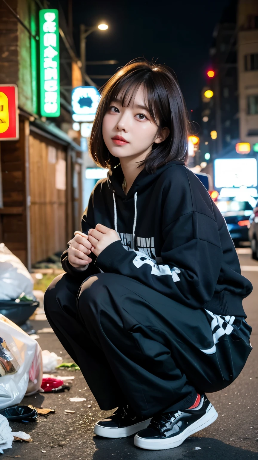 18-year-old,Korean women,Crouching down and looking at me,(((Dirty neon street at night))),(((Facing forward))),(((Frowning,カメラをGlaring))),(Very fine eye), (((Wearing a black hoodie,Wearing baggy pants))),(((Collapsing Building))),(((old buildings))),((photograph)),((A woman near a garbage dump)),(((Fabric Shading))), (((highest quality))), (((masterpiece))) strong girl, ((((Realistic)))), I have a card,Black Hair, chic hairstyle, ((With bangs,Straight medium bob cut, nice hair)), Light makeup,Red eyes, (((I&#39;m not wearing lipstick))), (nice, strong), (((Strong night atmosphere))), Centered Images, Looking at the camera, Elegant colors,Realistic Skin,Realistic texture,８k,whole body,Pale skin, (((Dirty garbage dump))),A huge amount of trash,Red iris,Expressionless,Glaring,Perfect Face,(((Big eyes))),He is wearing baggy black pants with wide white stripes.,Mouth closed, portrait of aespaのウィンター,She is wearing black streetwear, Woman in black streetwear, 黒いハイテクな服を着た女性のphotograph, Girl wearing black hoodie, Cyberpunk Streetwear, Cyberpunk Streetwear street fashion e-girl,