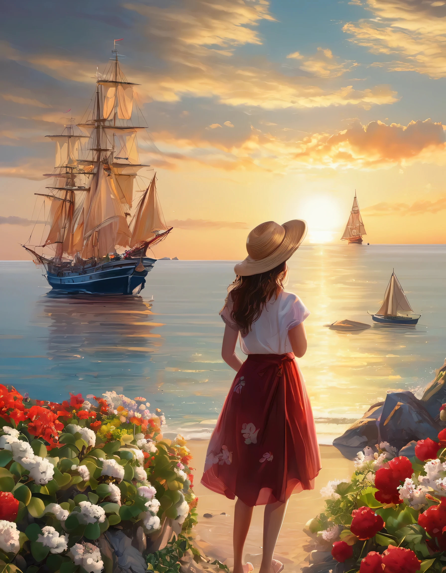 Bright lighting, beautiful, realistically, aesthetically pleasing, High detail, a high resolution, 64k, ??????? the seashore, vineyard, flowers,rocks, Sailboats, frigates, Bay, beach, white sand, sailing frigate with sails in Bay, Reflections in water