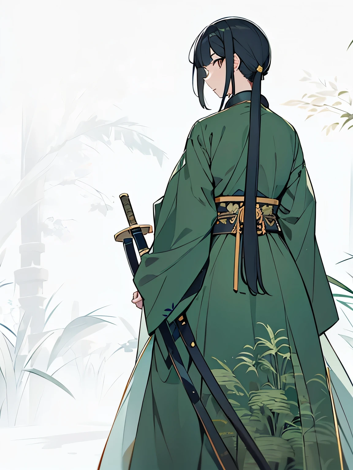 Solo, 1 warriores, hanfu robe, girl, serious face, looking back, with black hair, low ponytail, standing in jungle, view from back, she is looking at back, holding two swords, chinese hanfu clothes, green hanfu clothes, bamboo pattern clothes, sword with design, black sword with flowerr design, white sword, Chinese theme, bamboo forest at background, (2D + Crooked Bob: 1.2), Delicate Eyes, Dress, Garden, Ultra Wide Angle Lens, Sunlight, Light and Shadow
