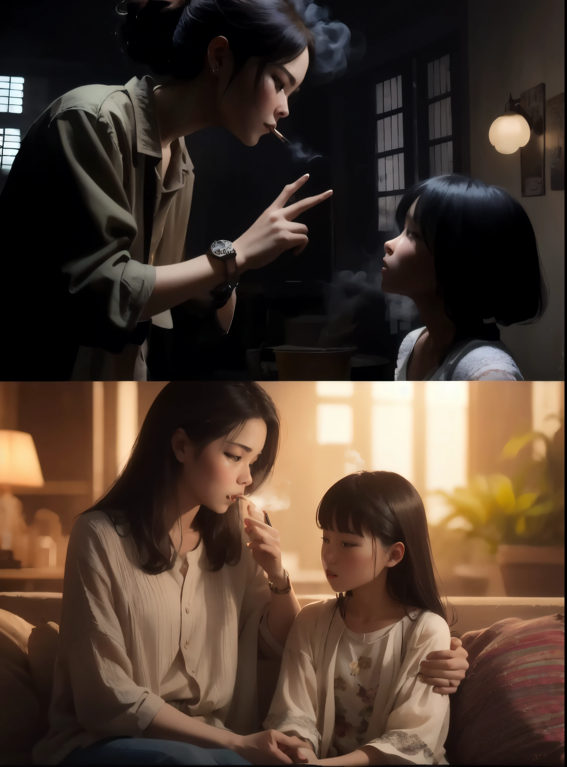 There are two photos，A woman smoking，A woman smoking, Movie Stills, cinematic contrasted lighting, Still from a live action movie, Movie highlights, Live-action movie scenes, Inspired by Chen Daofu, Movie screenshots, With cinematic lighting, Inspired by Tang Yifen, Movie Stills，HD resolution