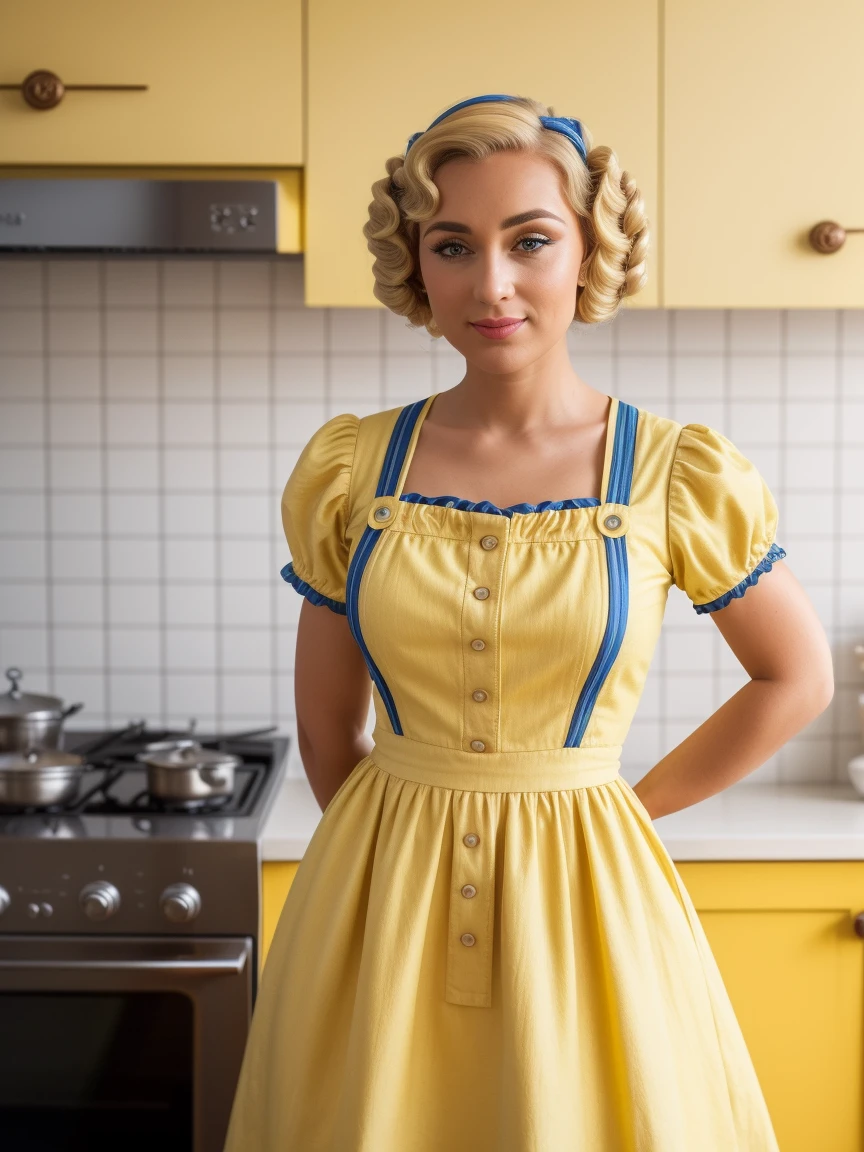 a photo of adriaArj1 in a milkmaid dress, (Yellow and blue milkmaid dress), (aufrechte Pin-Curl-Frisur), (blondes Haar), (Kitchen background), elegant, sehr detailliert. beschwingt, photorealistisch, realistisch, scharfer Fokus, 8k