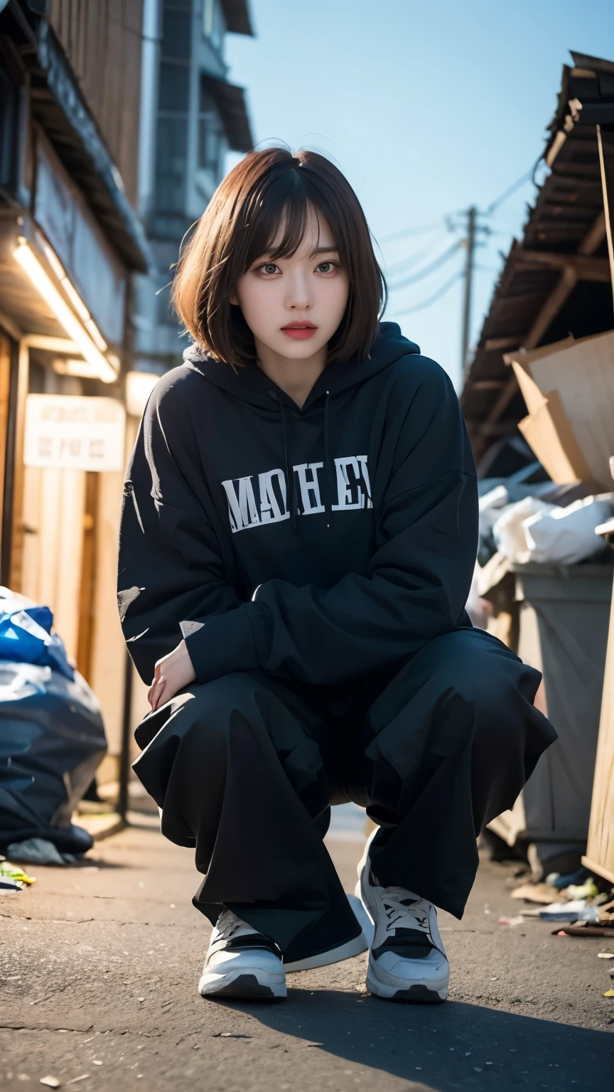 18-year-old,Korean women,Crouching down and looking at me,(((Dirty neon street at night))),(((Facing forward))),(((Frowning,カメラをGlaring))),(Very fine eye), (((Wearing a black hoodie,Wearing baggy pants))),(((Collapsing Building))),(((old buildings))),((photograph)),((A woman near a garbage dump)),(((Fabric Shading))), (((highest quality))), (((masterpiece))) strong girl, ((((Realistic)))), I have a card,Black Hair, chic hairstyle, ((With bangs,Straight medium bob cut, nice hair)), Light makeup,Red eyes, (((I&#39;m not wearing lipstick))), (nice, strong), (((Strong night atmosphere))), Centered Images, Looking at the camera, Elegant colors,Realistic Skin,Realistic texture,８k,whole body,Pale skin, (((Dirty garbage dump))),A huge amount of trash,Red iris,Expressionless,Glaring,Perfect Face,(((Big eyes))),He is wearing baggy black pants with wide white stripes.,Mouth closed, portrait of aespaのウィンター,She is wearing black streetwear, Woman in black streetwear, 黒いハイテクな服を着た女性のphotograph, Girl wearing black hoodie, Cyberpunk Streetwear, Cyberpunk Streetwear street fashion e-girl,