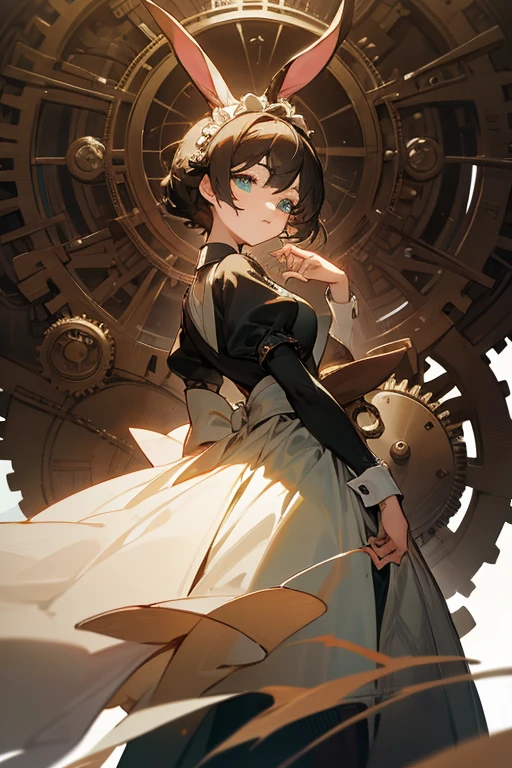 masterpiece, best quality, 8K,(aqua eyes),(fantasizing expression:1.2),BREAK,The (silhouette of a giant rabbit) rises correctly in the background, and within the silhouette exists the world of an intricate spank team. The silhouette's outline glows faintly, while its interior depicts an intricate city of moving steam and gears,BREAK,A woman in a maid's outfit appears in the foreground, her features enhanced by a mechanical clock, a steampunk-inspired accessory, and the addition of bunny-eared ornaments. The fabric is a fusion of the two elements, with detailed cogwheel and piston patterns implemented in the fabric,BREAK,The effect is as if one could hear the hands of a clock ticking as steam rises around the woman