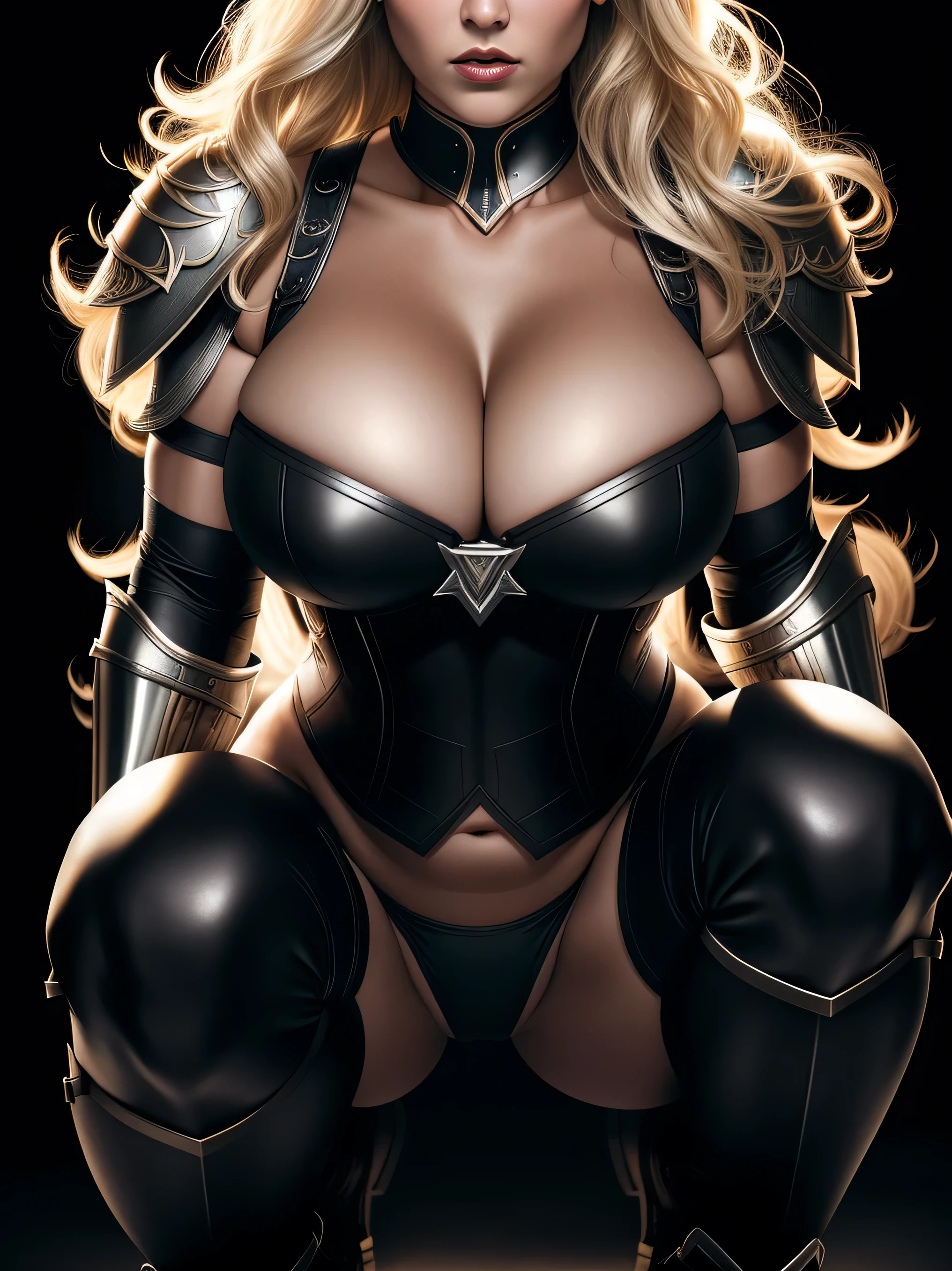 BOMBSHELL VALKYRIE, WOMAN, 30 YEARS OLD, ATHLETIC BODY, MUSCLES, BLONDE HAIR, GRAY EYES, ROSY CHEEKS, ANGRY FACE EXPRESSION, BLACK PANTIE ARMOUR, FULL BODY SILVER ARMOUR, SHINING ARMOUR, MITHOLOGY, random hair, looking at camera, gigantic breasts, cleahigh detan:1.2), 8k uhd, dslr, super lighting, high quality, film grain, high res, highly detailed, hyper realistic, beautiful face, beautiful body, beautiful eyes nose lips, alluring expression, very bold, upper visible, full body photo, squatting, pale translucent glowing skin, most beautiful face, cute, (well defined pubic hair:1.2)), (dark plain black background:1.4))