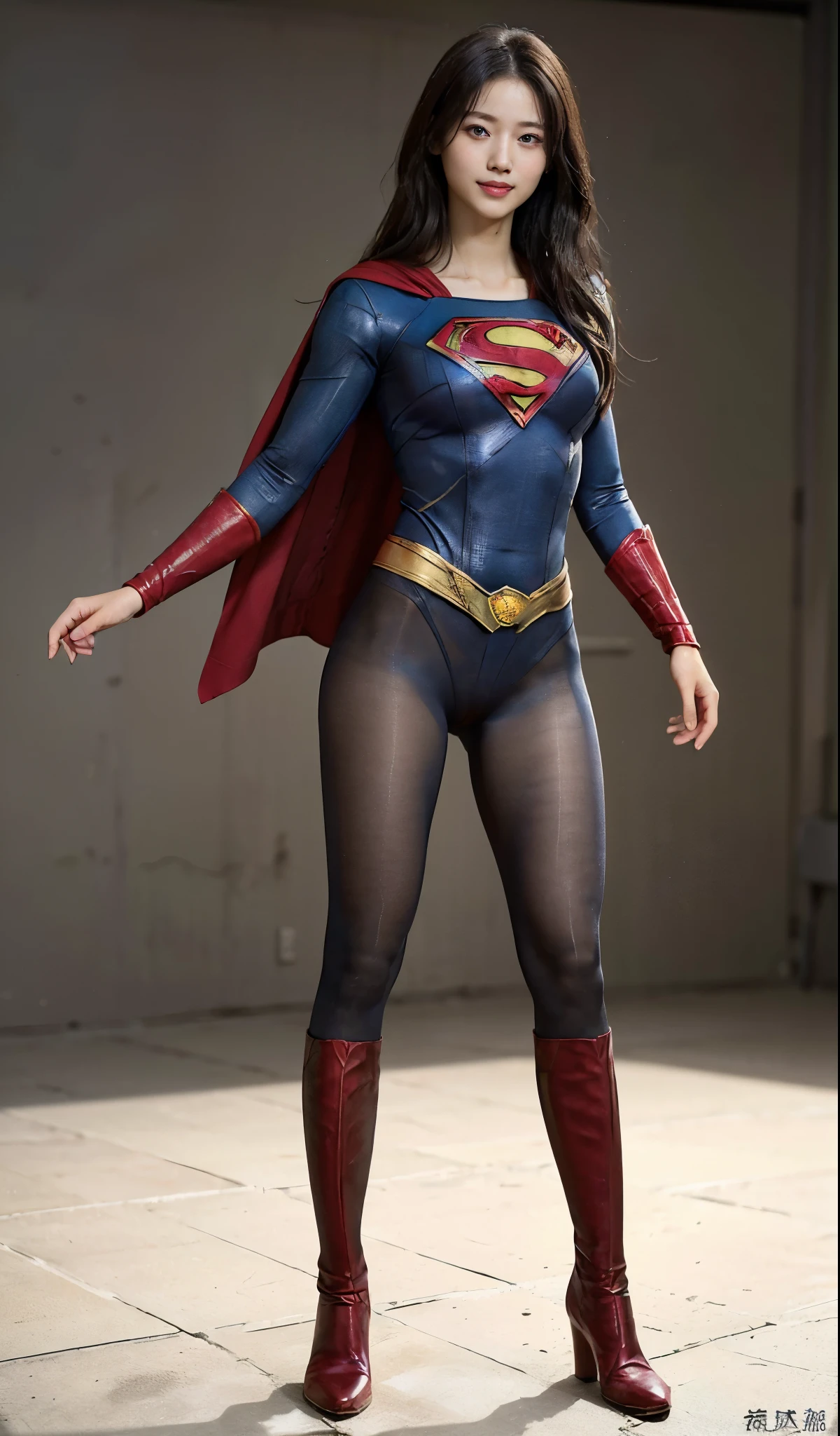 No background、(((Beautiful legs in black tights.)))、(((Legally express the beauty of your smile)))、((((Make the most of your original images)))、(((Supergirl Costume)))、(((Beautiful Hair)))、(((suffering)))、(((Please wear black tights....、Wear red boots)))、((Best image quality、8K))、((highest quality、8K、masterpiece:1.3))、(((Preserve background )))、Sharp focus:1.2、Beautiful woman with perfect figure:1.4、Thin abdominal muscles:1.2、Wet body:1.5、Highly detailed face and skin texture、8K