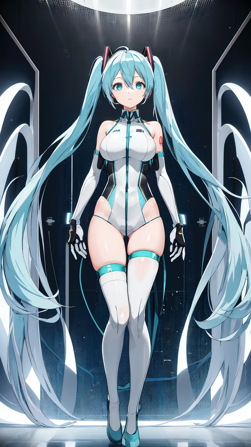 Hatsune Miku Vocaloid, Twin Tails, Light Blue Eyes, Light Blue Hair, Pichi Pichi Bodysuit, Cyber punk, Ultimate Physical Beauty, Beautiful Eyes, Big Breasts, 8K CG, Top Quality, Best Image Quality,