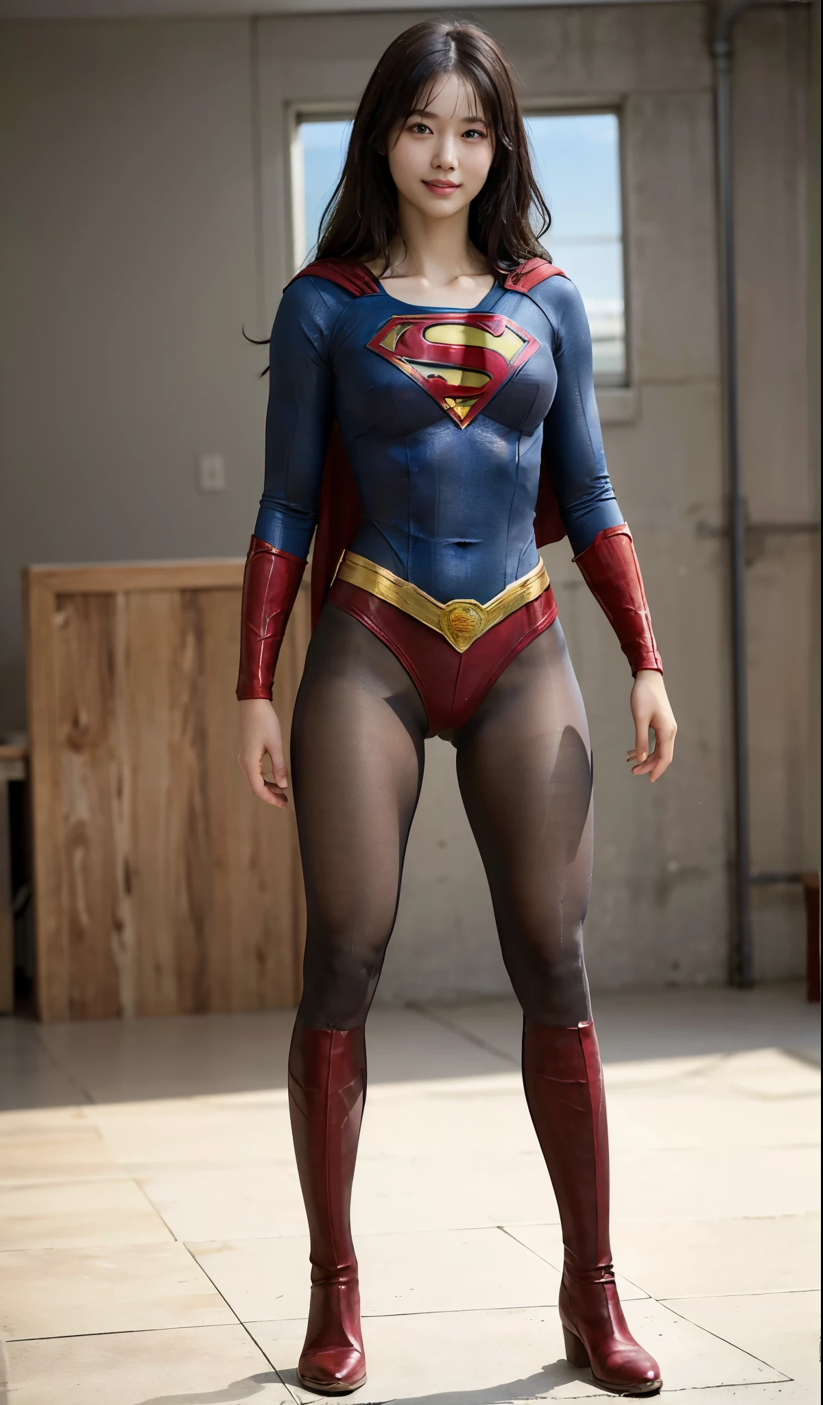 No background、(((Beautiful legs in black tights.)))、(((Legally express the beauty of your smile)))、((((Make the most of your original images)))、(((Supergirl Costume)))、(((Beautiful Hair)))、(((suffering)))、(((Please wear black tights....、Wear red boots)))、((Best image quality、8K))、((highest quality、8K、masterpiece:1.3))、(((Preserve background )))、Sharp focus:1.2、Beautiful woman with perfect figure:1.4、Thin abdominal muscles:1.2、Wet body:1.5、Highly detailed face and skin texture、8K