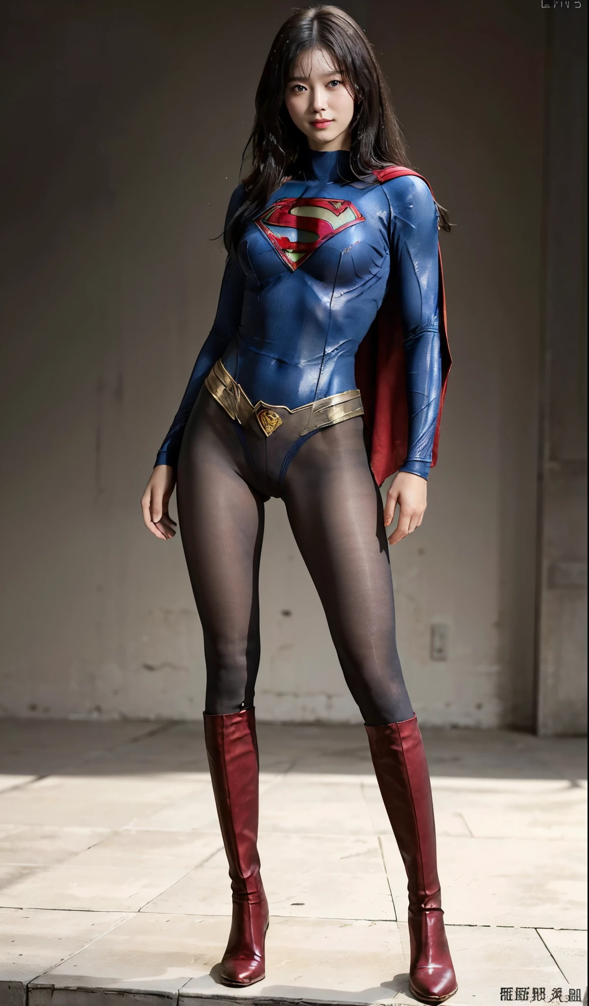 No background、(((Beautiful legs in black tights.)))、(((Legally express the beauty of your smile)))、((((Make the most of your original images)))、(((Supergirl Costume)))、(((Beautiful Hair)))、(((suffering)))、(((Please wear black tights....、Wear red boots)))、((Best image quality、8K))、((highest quality、8K、masterpiece:1.3))、(((Preserve background )))、Sharp focus:1.2、Beautiful woman with perfect figure:1.4、Thin abdominal muscles:1.2、Wet body:1.5、Highly detailed face and skin texture、8K