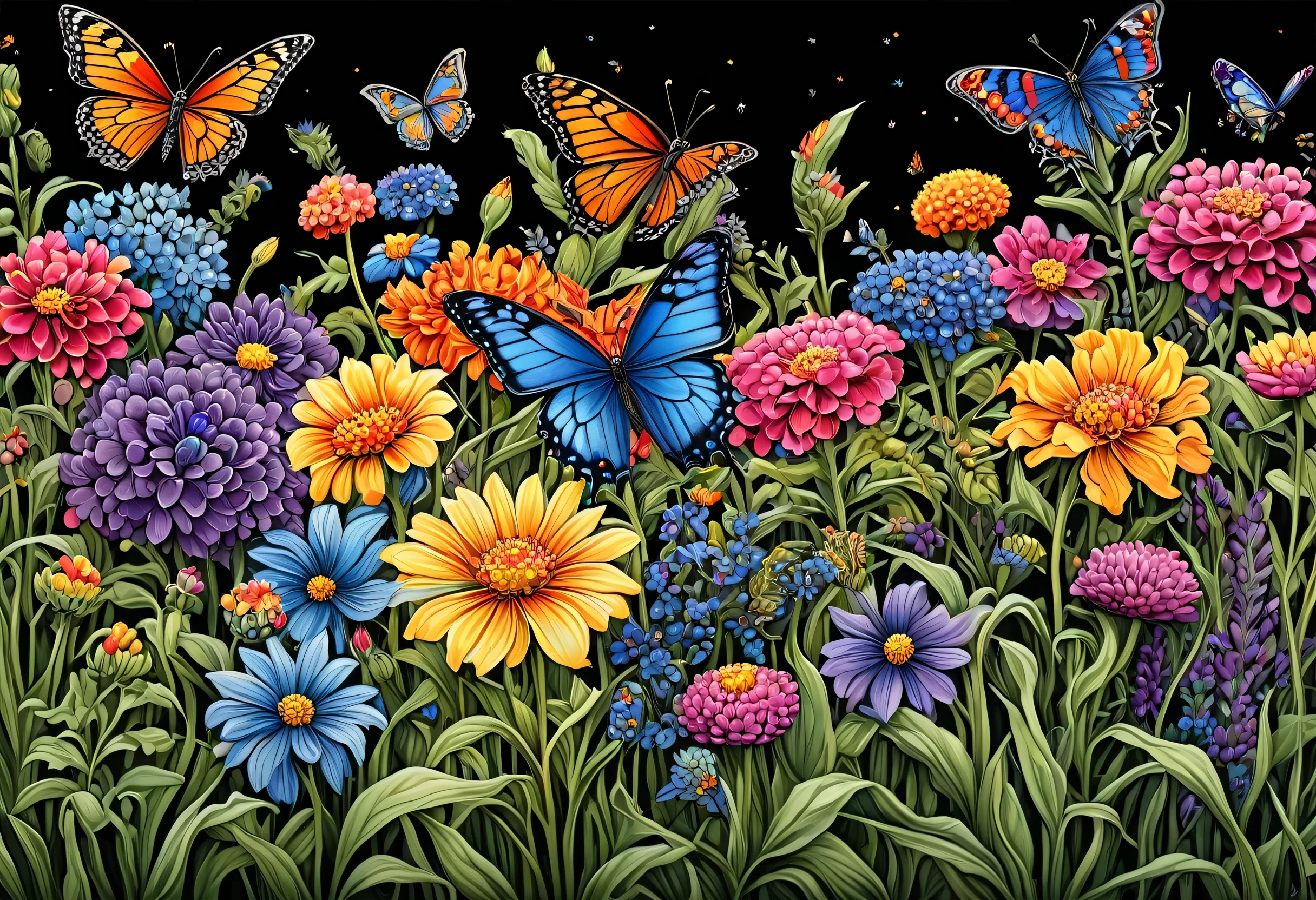 brightly colored Flowers and butterflies are in a field of black, Ultra-fine detailed paintings by Meredith Dillman, Trend with poly count, Process Art, Flowers and butterflies, Gorgeous flowers, Detailed Flowers, fantastic flower garden, Magical colorful flowers, super detailed color art, Flower field background, Very complex and colorful, Colourful and detailed